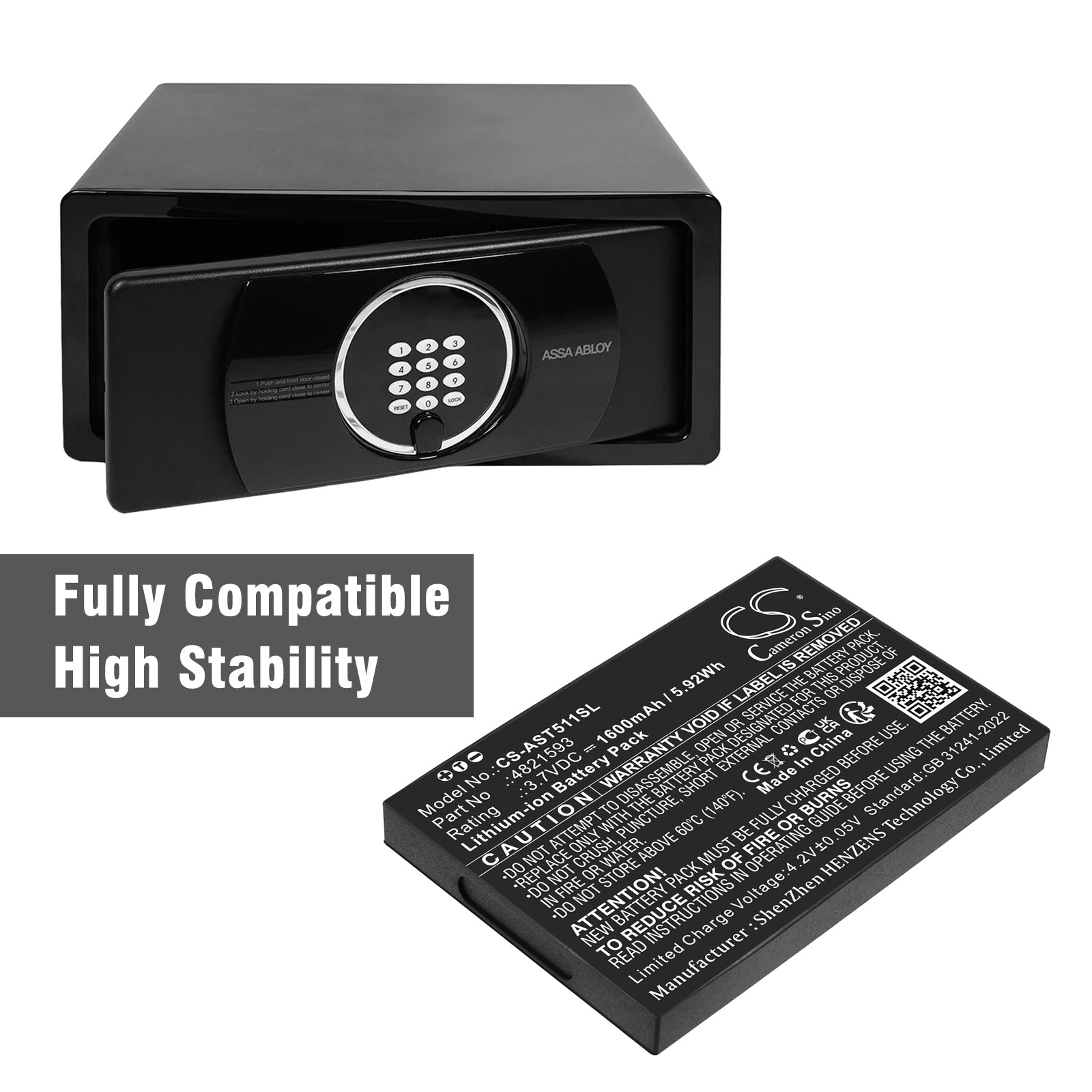 3.7V Li Ion 1600mAh 5.92Wh Battery for Assa Abloy VOT1511L2R01 and VingCard Elsafe Alarm System Cameron Sino Technology Limited