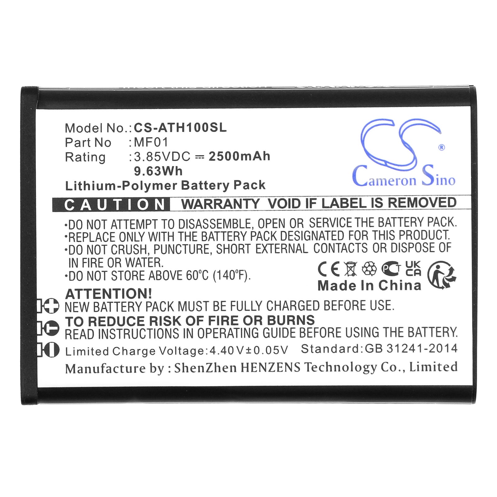 Li-Polymer, Hotspot Battery fits At&t Ct2mhs01, T-mobile Hotspot Tmo Hs1, 3.85V, 2500mAh Hotspot Cameron Sino Technology Limited