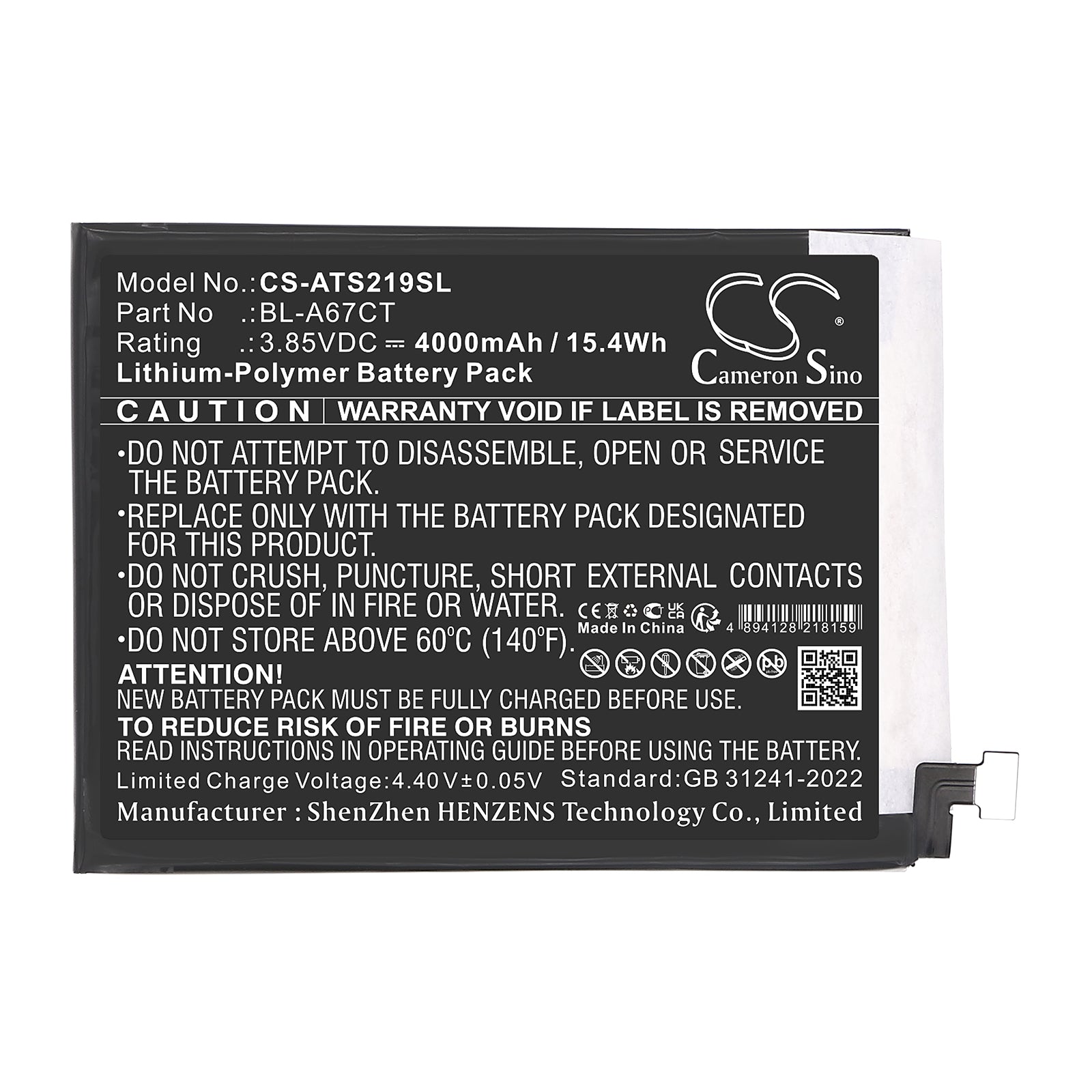 3.85V, Li-Polymer, 4000mAh, Battery fits Cricket Outlast 5G, Outlast 5G SN509C, 15.4Wh Mobile, SmartPhone Cameron Sino Technology Limited