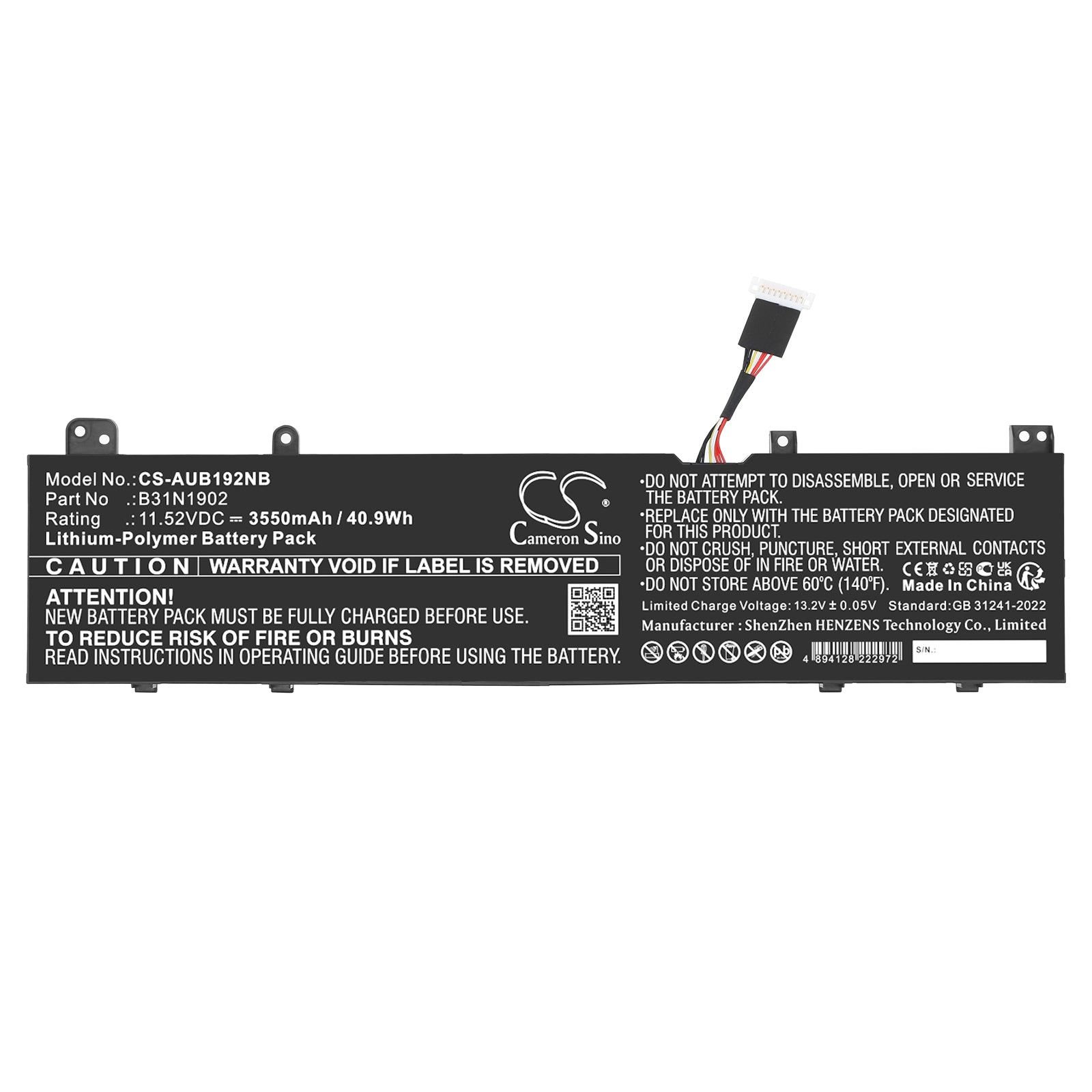 11.52V, Li-Polymer, 3550mAh, Battery fits Asus B31N1902, 40.9Wh Notebook, Laptop Cameron Sino Technology Limited