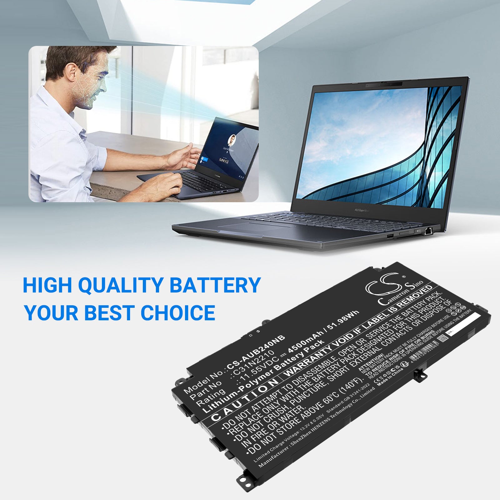 11.55V, Li-Polymer, 4500mAh, Battery fits Asus B2402CVA, B2402CVA-EB0248, 51.98Wh Notebook, Laptop Cameron Sino Technology Limited