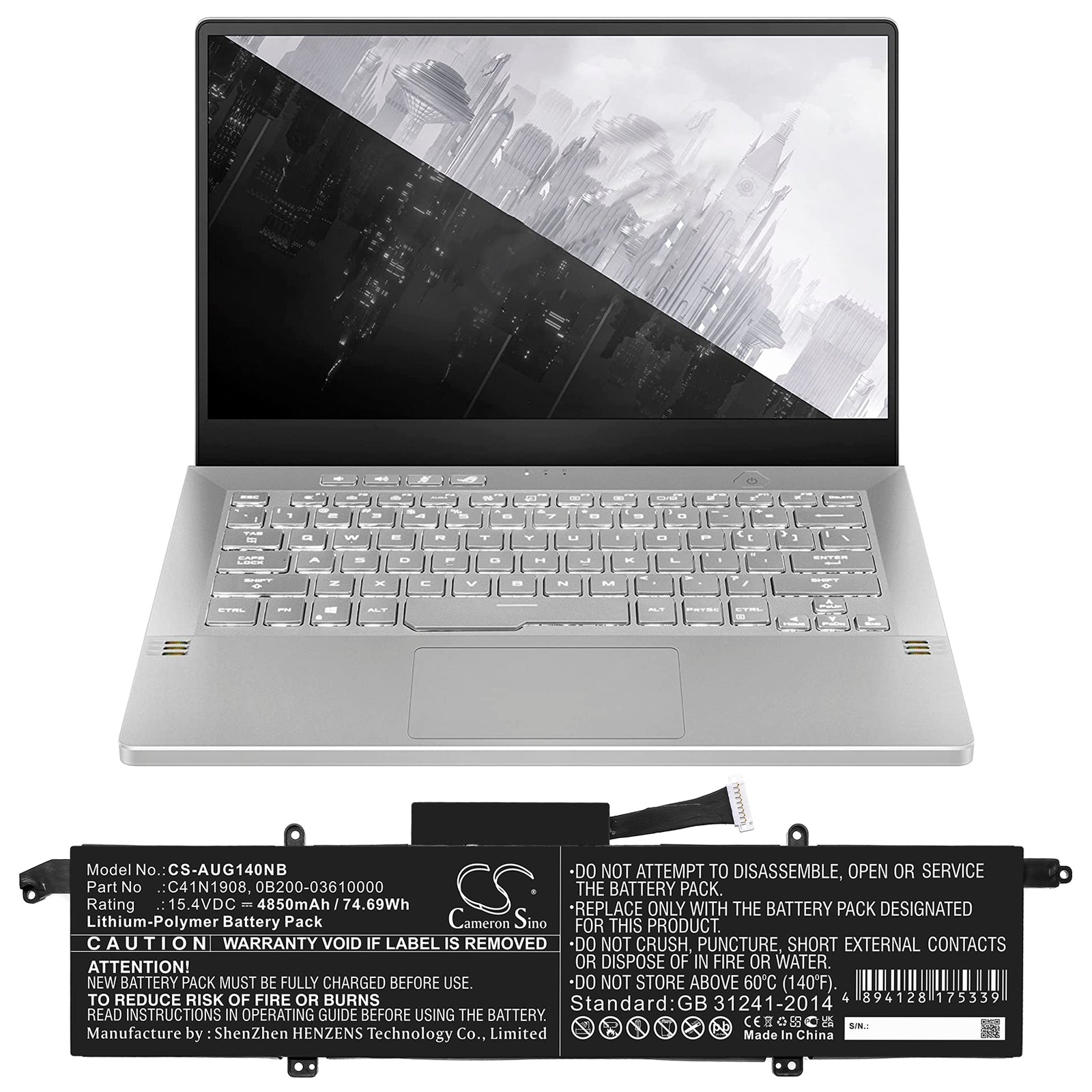 Li-Polymer, Notebook, Laptop Battery fits Asus Rog Zephyrus G14, Rog Zephyrus G14 Ga401ih, 15.4V, 4850mAh Notebook, Laptop Cameron Sino Technology Limited