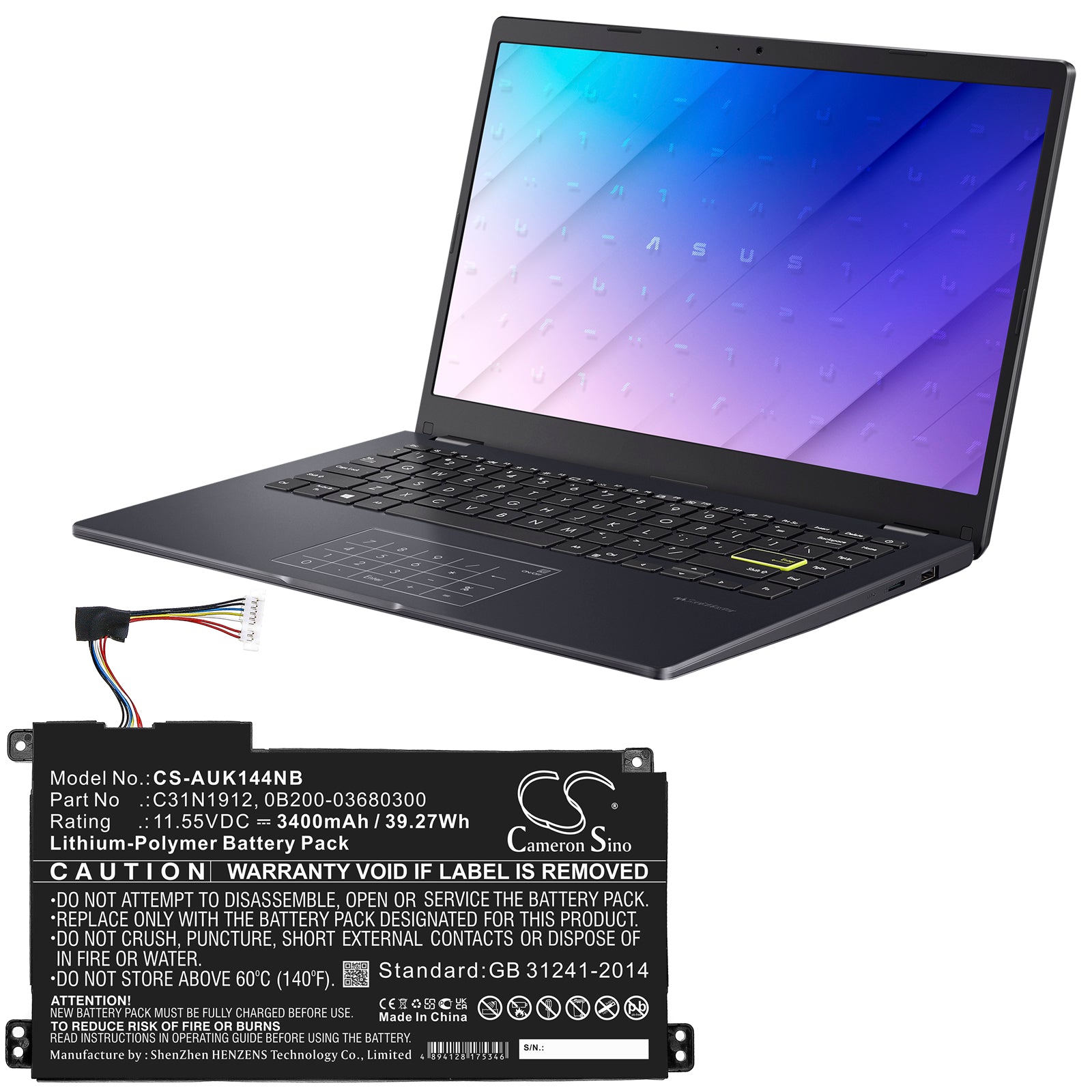 Li-Polymer, Notebook, Laptop Battery fits Asus E410ma, E510ma, 11.55V, 3400mAh Notebook, Laptop Cameron Sino Technology Limited