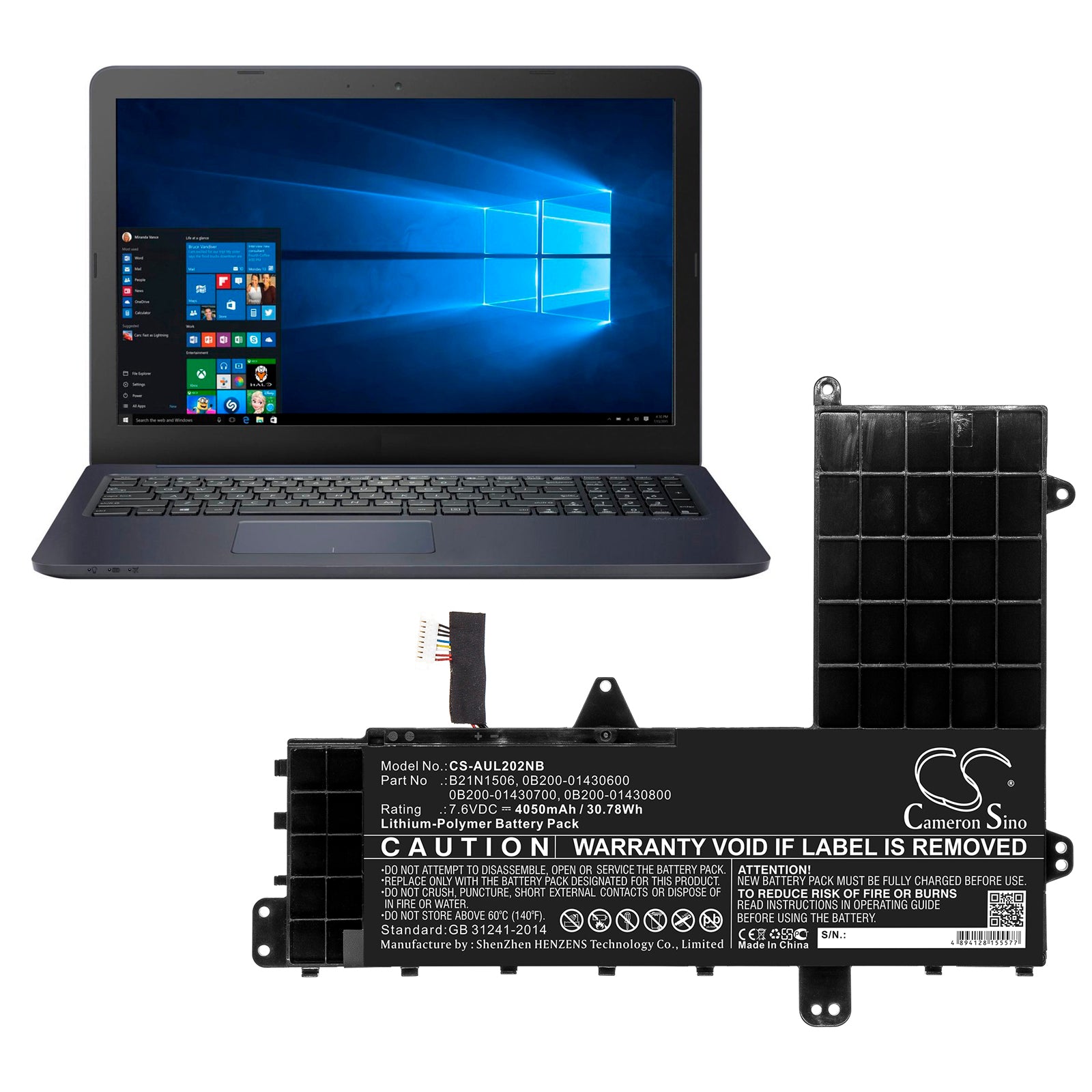Li-Polymer, Notebook, Laptop Battery fits Asus E502na-2a, E502na-2b, 7.6V, 4050mAh CS-AUL202NB Notebook, Laptop Cameron Sino Technology Limited