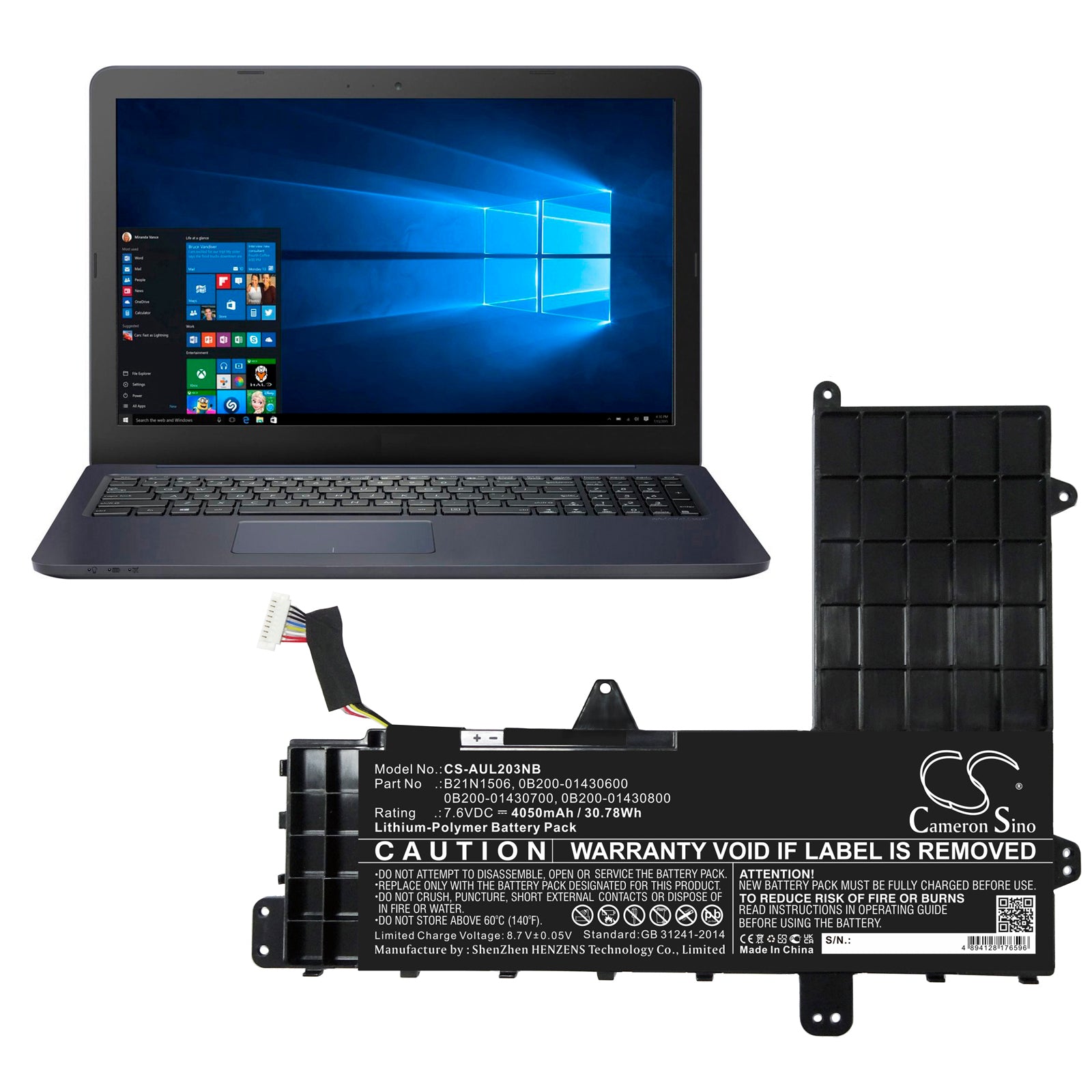 Li-Polymer, Notebook, Laptop Battery fits Asus E502na-2a, E502na-2b, 7.6V, 4050mAh CS-AUL203NB Notebook, Laptop Cameron Sino Technology Limited