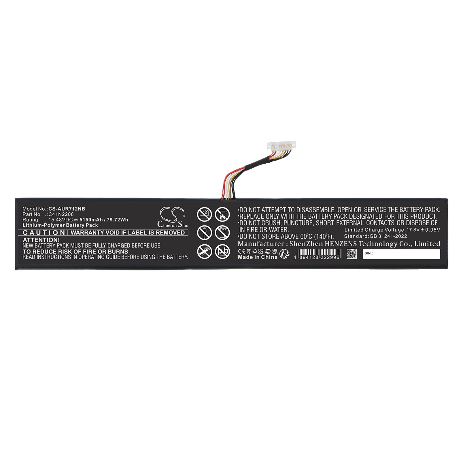 15.48V, Li-Polymer, 5150mAh, Battery fits Asus RC71L-NH001W, RC71L-NH002W, 79.72Wh Notebook, Laptop Cameron Sino Technology Limited