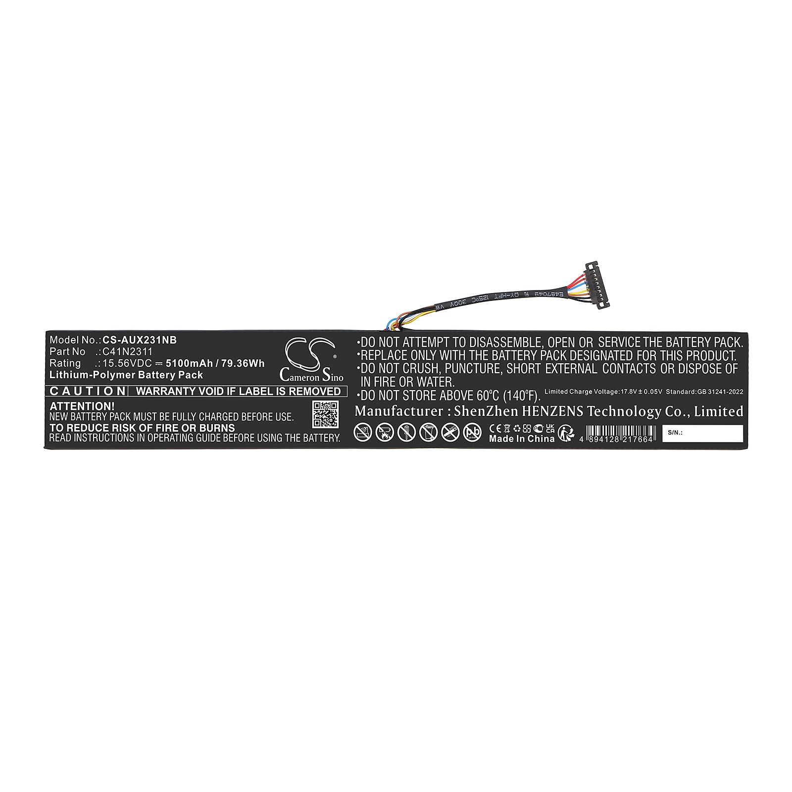 15.56V, Li-Polymer, 5100mAh, Battery fits Asus RC72LA-NH002W, RC72LA-NH007W, 79.36Wh Notebook, Laptop Cameron Sino Technology Limited