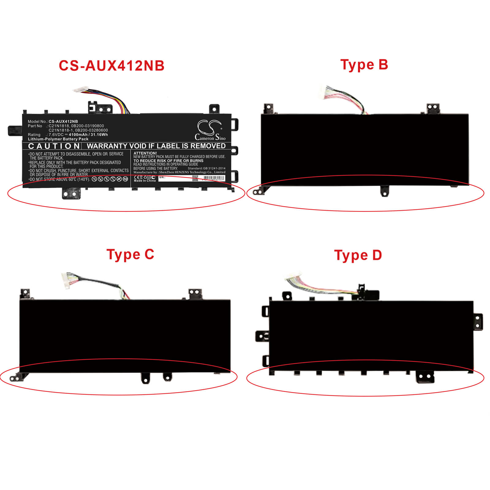 Li-Polymer Battery fits Asus, A412fa, A412ua 7.6V, 4100mAh Notebook & Laptop Cameron Sino Technology Limited