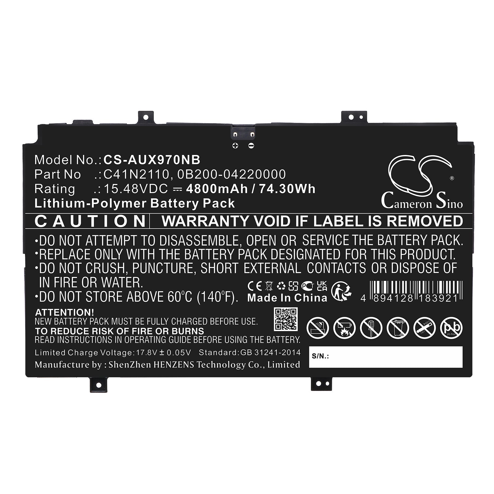 Li-Polymer, Notebook, Laptop Battery fits Asus Ux9702aa, Zenbook 17 Fold Oled, 15.48V, 4800mAh Notebook, Laptop Cameron Sino Technology Limited
