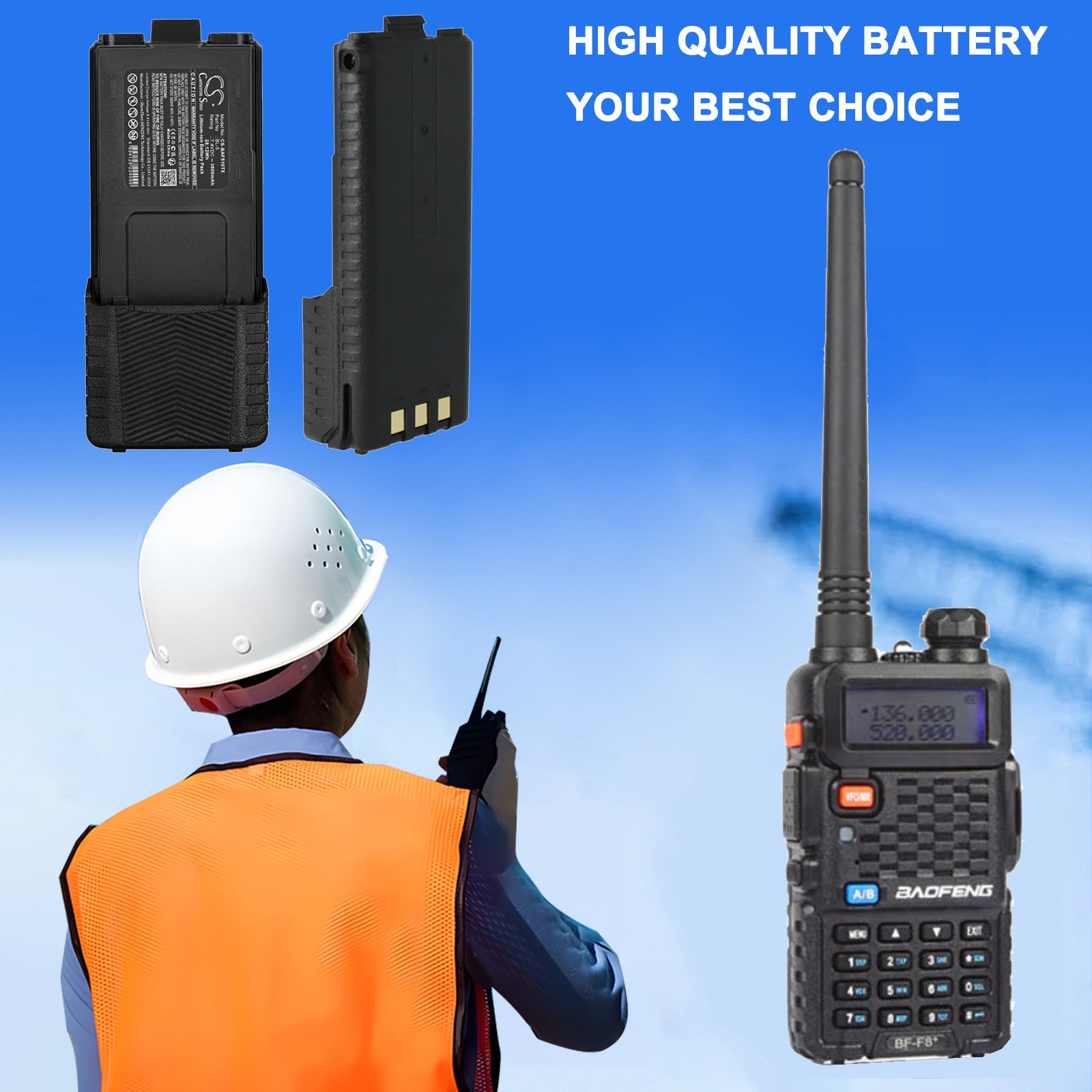 7.4V, Li-ion, 3800mAh, Battery fits Baofeng BF-F8 PLUS, BF-F8+, 28.12Wh Two-Way Radio Cameron Sino Technology Limited