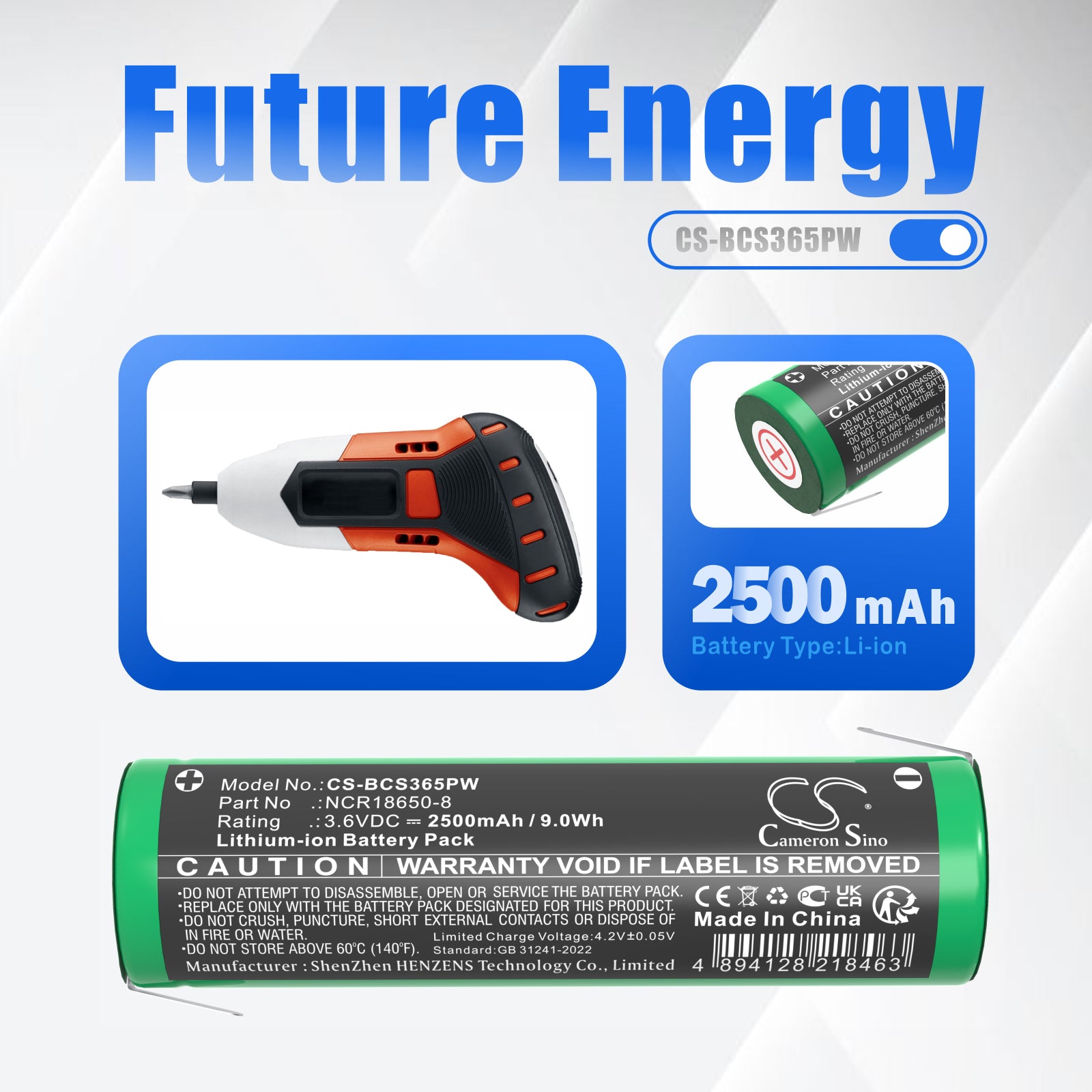 3.6V, Li-ion, 2500mAh, Battery fits Black & Decker BDCS40G Type 1, CS3652LC, 9Wh Power Tools Cameron Sino Technology Limited