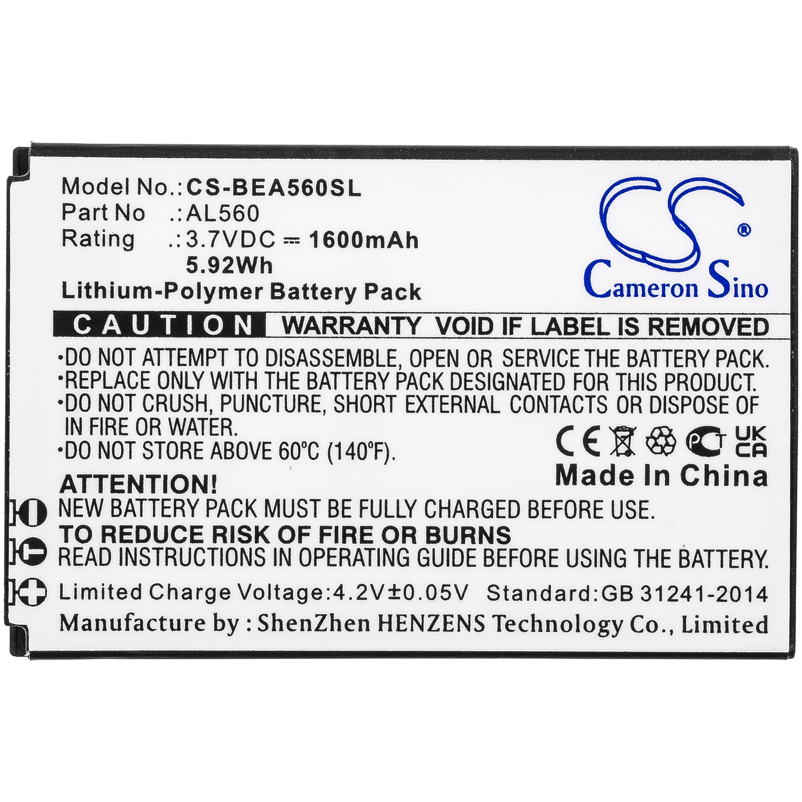 Li-Polymer, Mobile, SmartPhone Battery fits Bea-fon Al560, 3.7V, 1600mAh Mobile, SmartPhone Cameron Sino Technology Limited