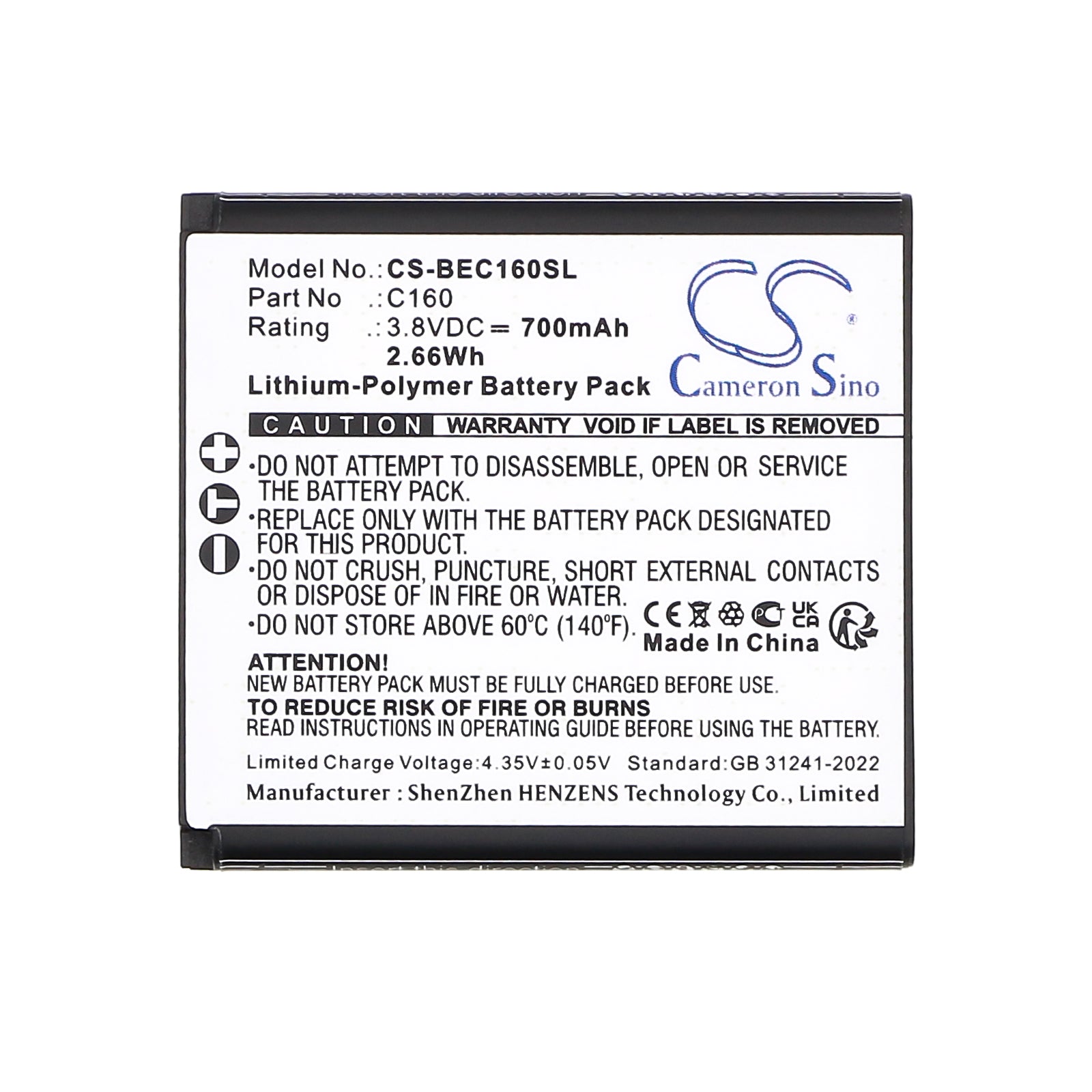3.8V, Li-Polymer, 700mAh, Battery fits Bea-fon C160, C160 Schwarz, 2.66Wh Mobile, SmartPhone Cameron Sino Technology Limited