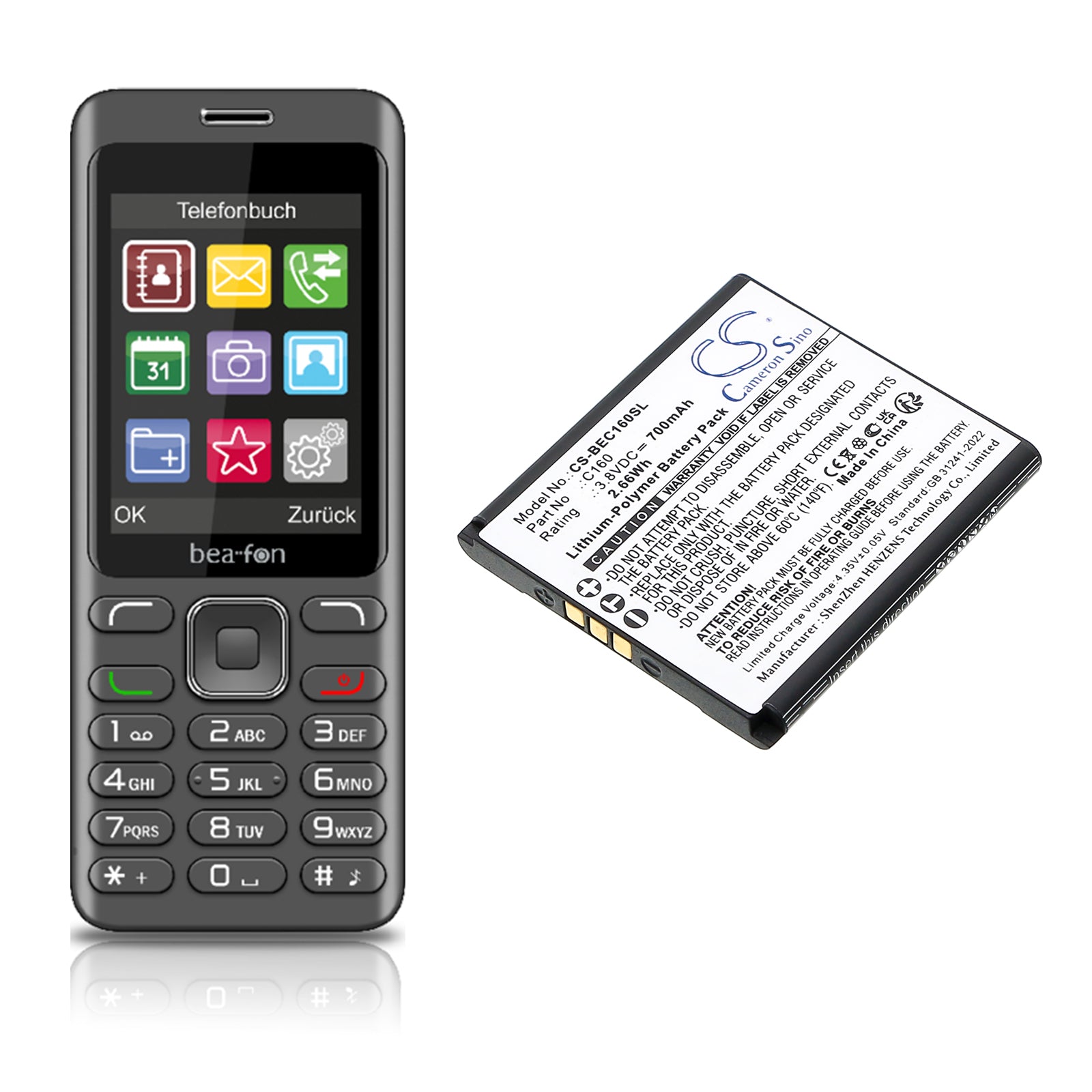 3.8V, Li-Polymer, 700mAh, Battery fits Bea-fon C160, C160 Schwarz, 2.66Wh Mobile, SmartPhone Cameron Sino Technology Limited