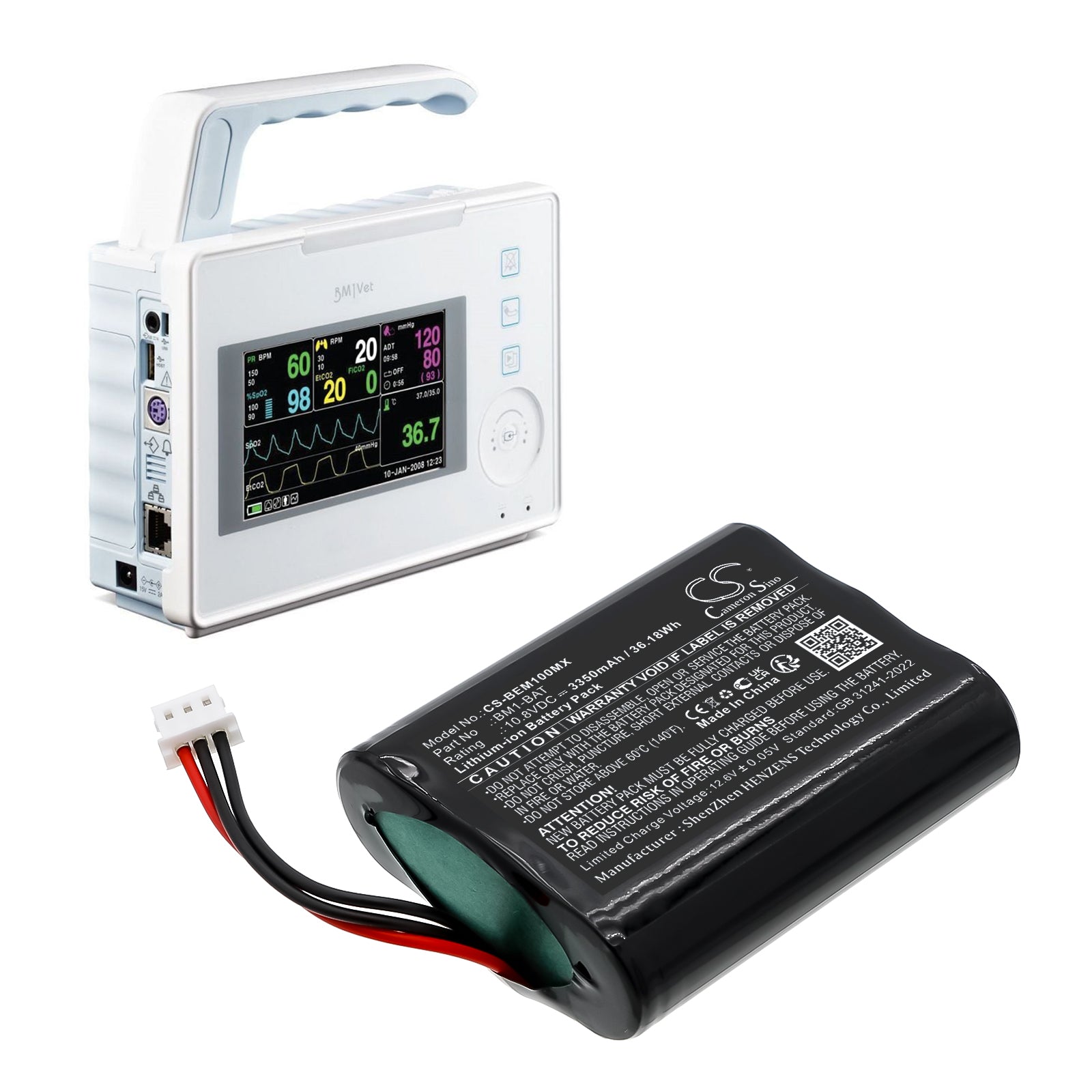 10.8V, Li-ion, 3350mAh, Battery fits Bionet BM1 Vet, 36.18Wh Medical Cameron Sino Technology Limited