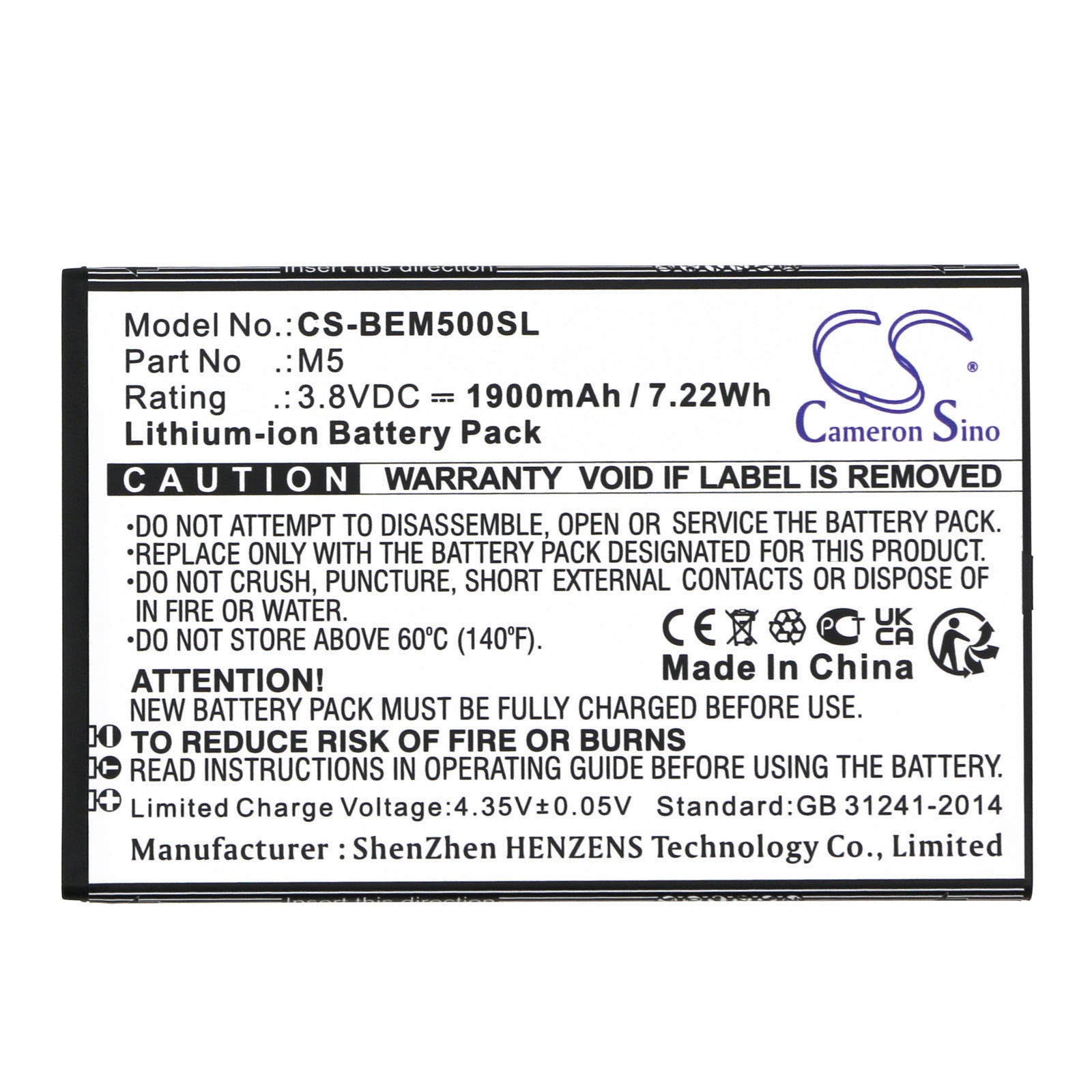 Li-ion, Mobile, SmartPhone Battery fits Bea-fon M5, M5 Premium, 3.8V, 1900mAh Mobile, SmartPhone Cameron Sino Technology Limited