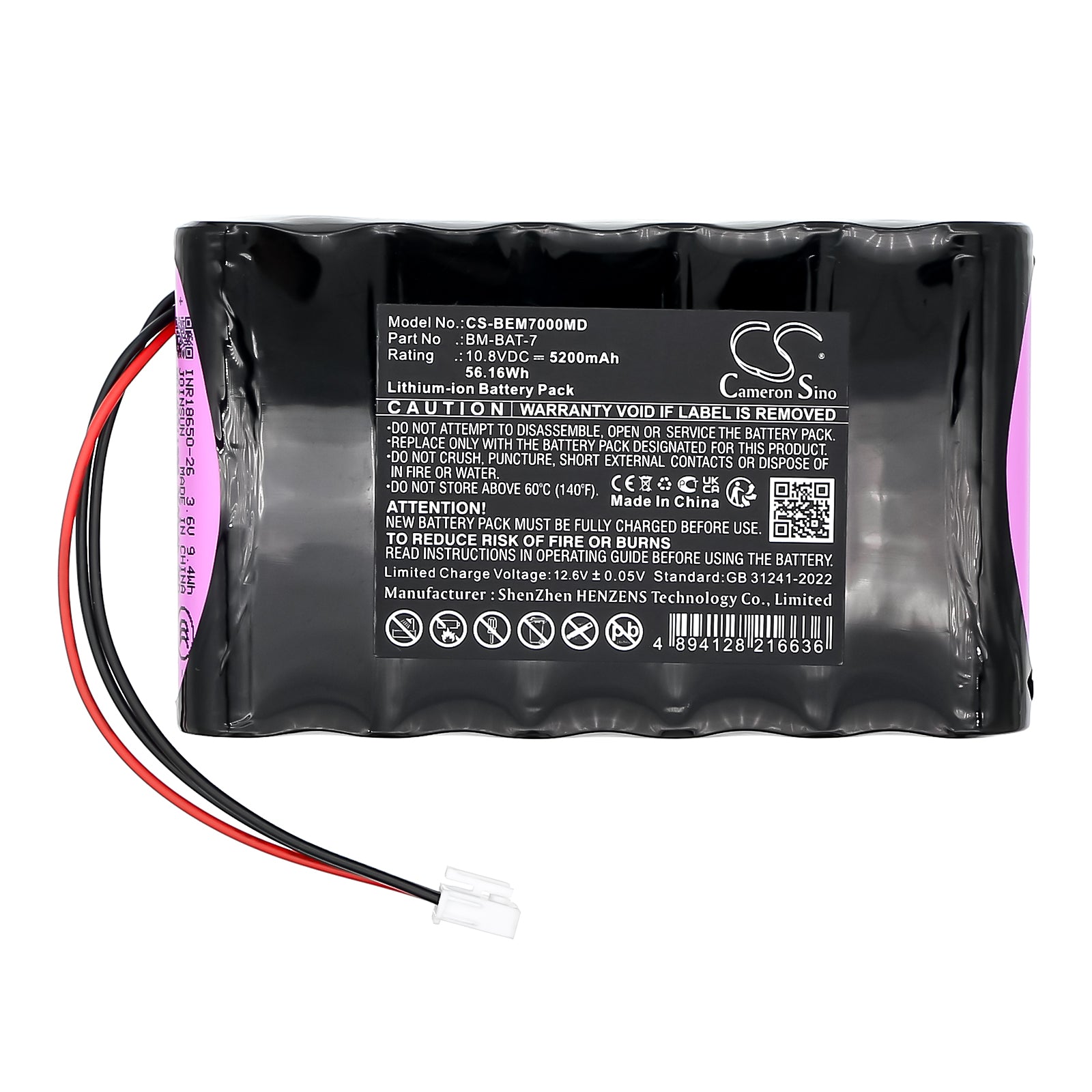 10.8V, Li-ion, 5200mAh, Battery fits Econet Monitor Compact 9 21.10-6001, 56.16Wh Medical Cameron Sino Technology Limited