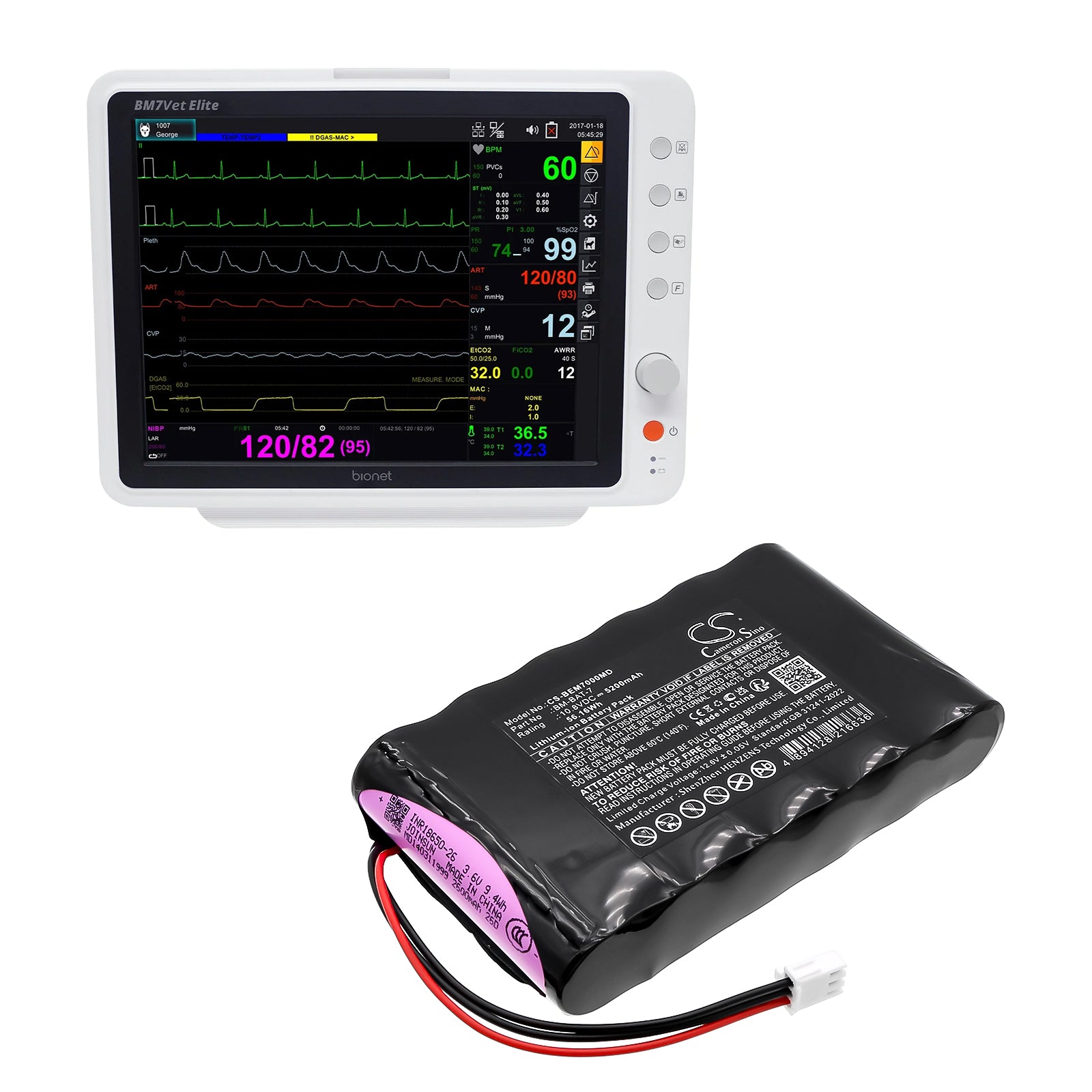 10.8V, Li-ion, 5200mAh, Battery fits Econet Monitor Compact 9 21.10-6001, 56.16Wh Medical Cameron Sino Technology Limited