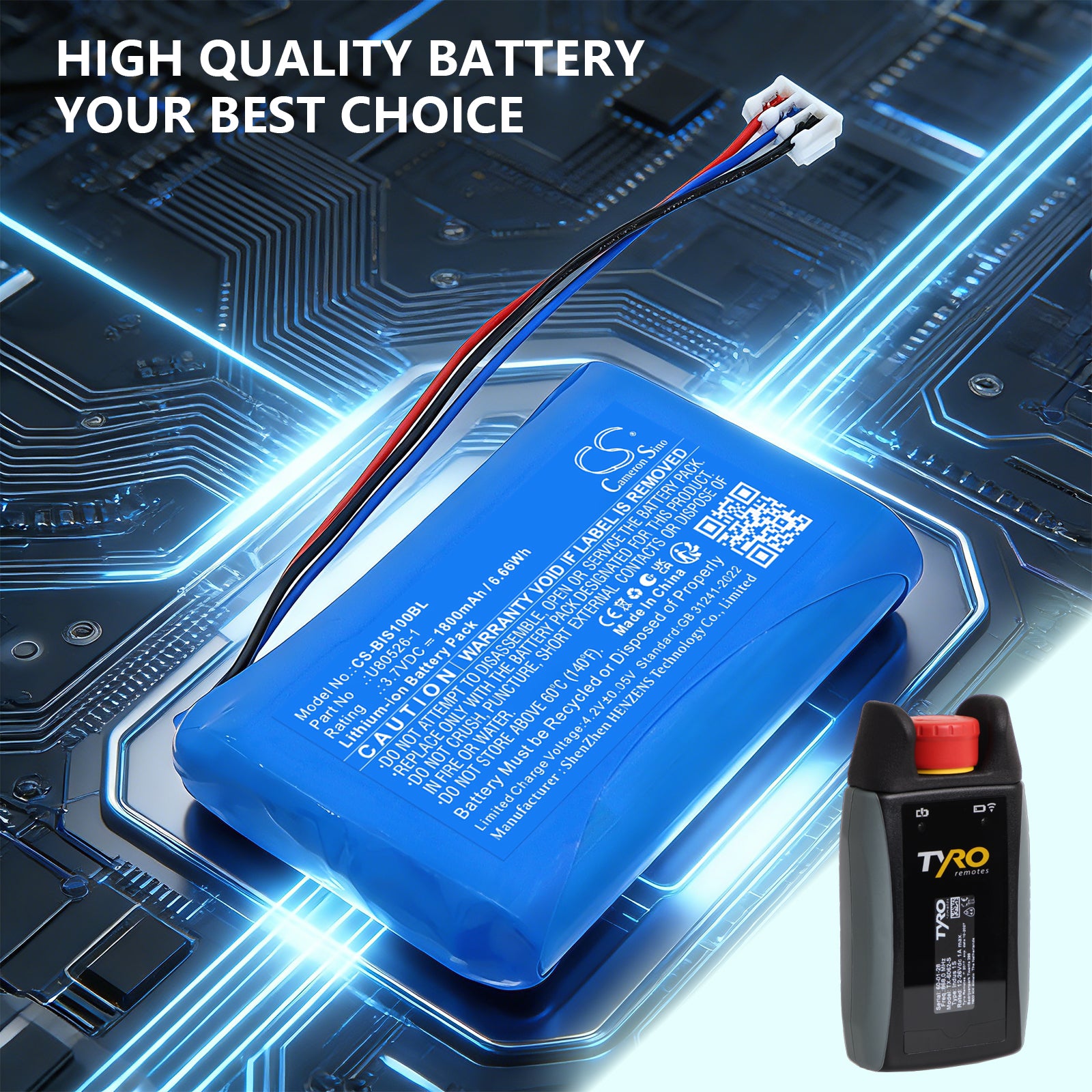 3.7V, Li-ion, 1800mAh, Battery fits Tyro Indus 1S Wireless E-stop, 6.66Wh Crane Remote Control Cameron Sino Technology Limited