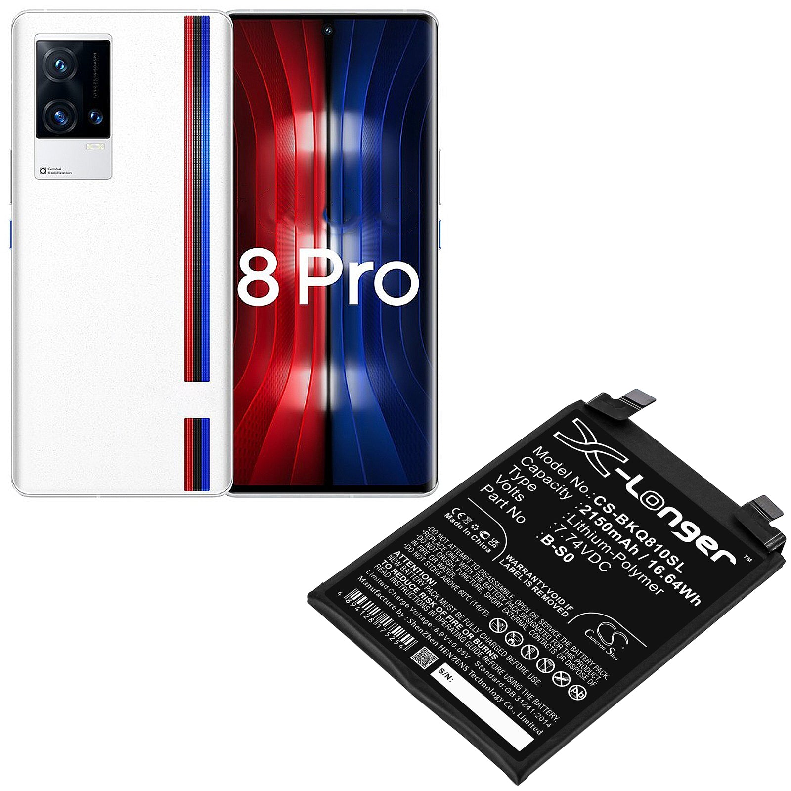 Li-Polymer, Mobile, SmartPhone Battery fits Iqoo 8 Pro, V2141a, 7.74V, 2150mAh Mobile, SmartPhone Cameron Sino Technology Limited