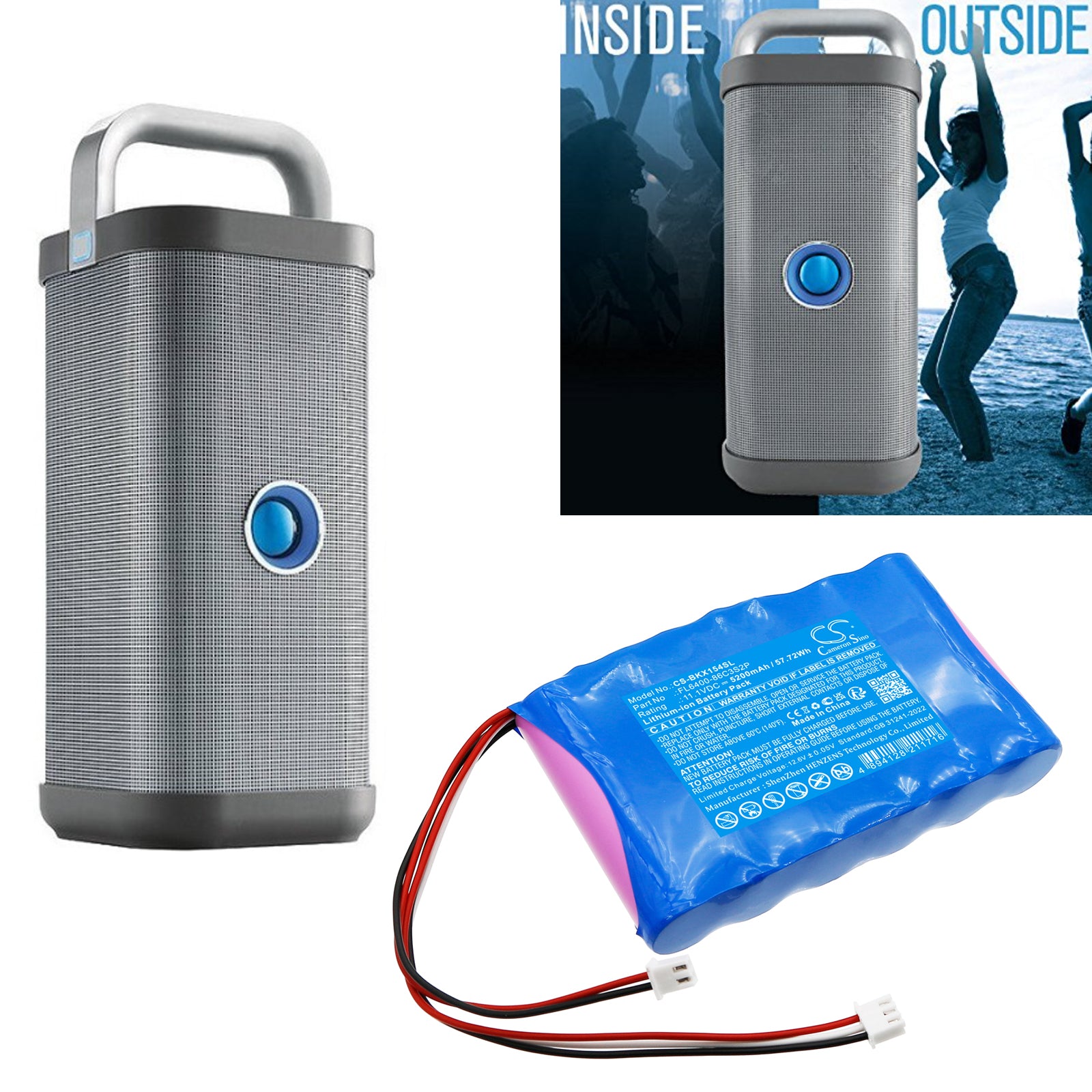 11.1V, Li-ion, 5200mAh, Battery fits Brookstone 154544, Big Blue Party, 57.72Wh Speaker Cameron Sino Technology Limited