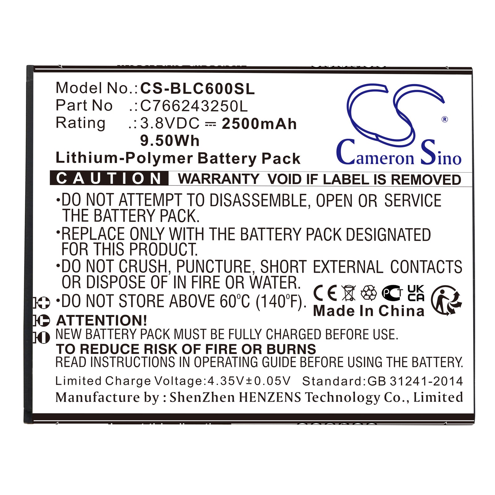 Li-Polymer, Mobile, SmartPhone Battery fits Blu C0090p, C6, 3.8V, 2500mAh Mobile, SmartPhone Cameron Sino Technology Limited