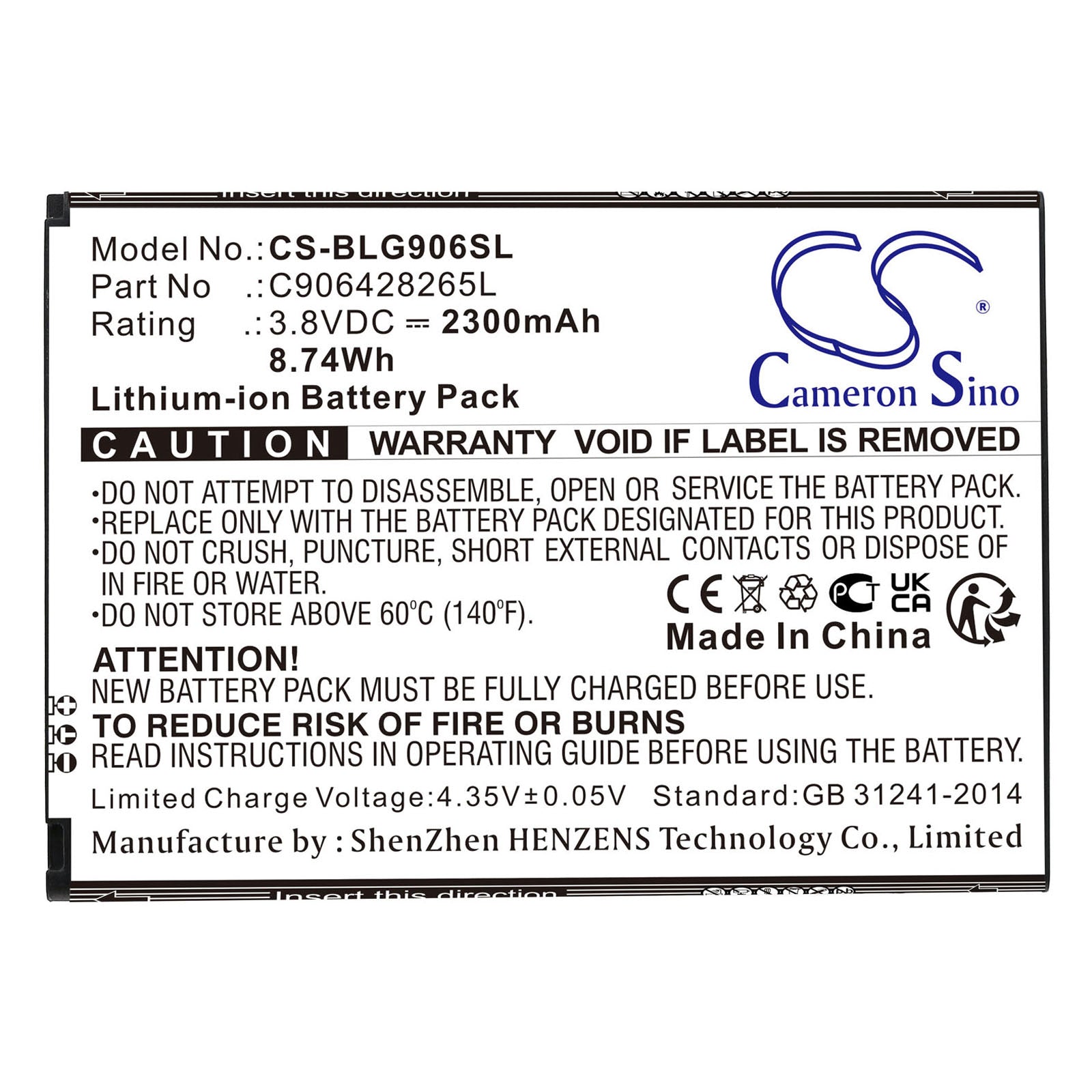 Li-ion, Mobile, SmartPhone Battery fits Blu G150q, Grand Xl, 3.8V, 2300mAh Mobile, SmartPhone Cameron Sino Technology Limited