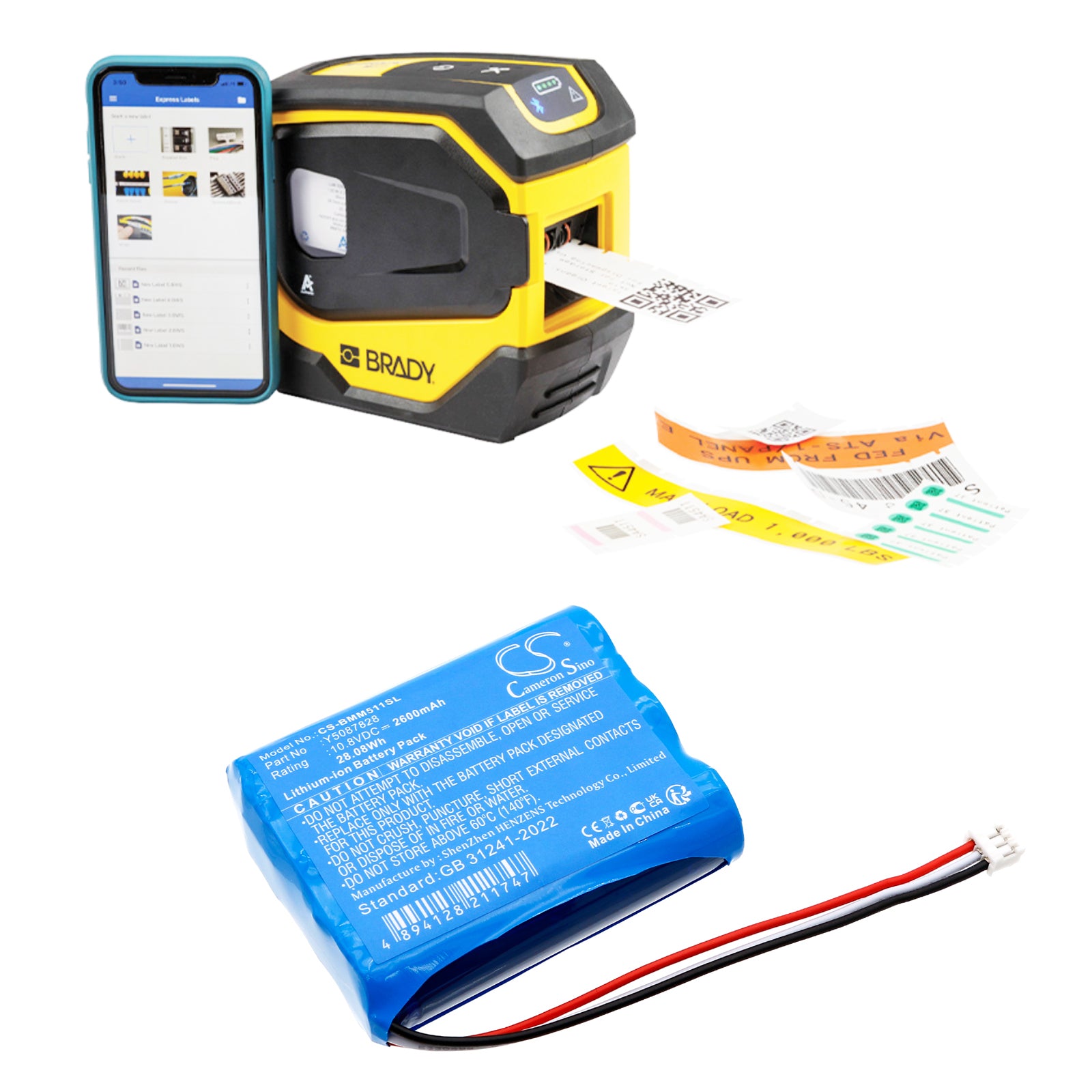 10.8V, Li-ion, 2600mAh, Battery fits Brady M511, 28.08Wh Portable Printer Cameron Sino Technology Limited