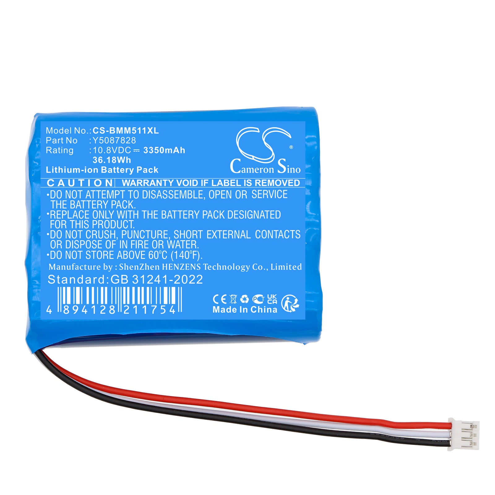 10.8V, Li-ion, 3350mAh, Battery fits Brady M511, 36.18Wh Portable Printer Cameron Sino Technology Limited