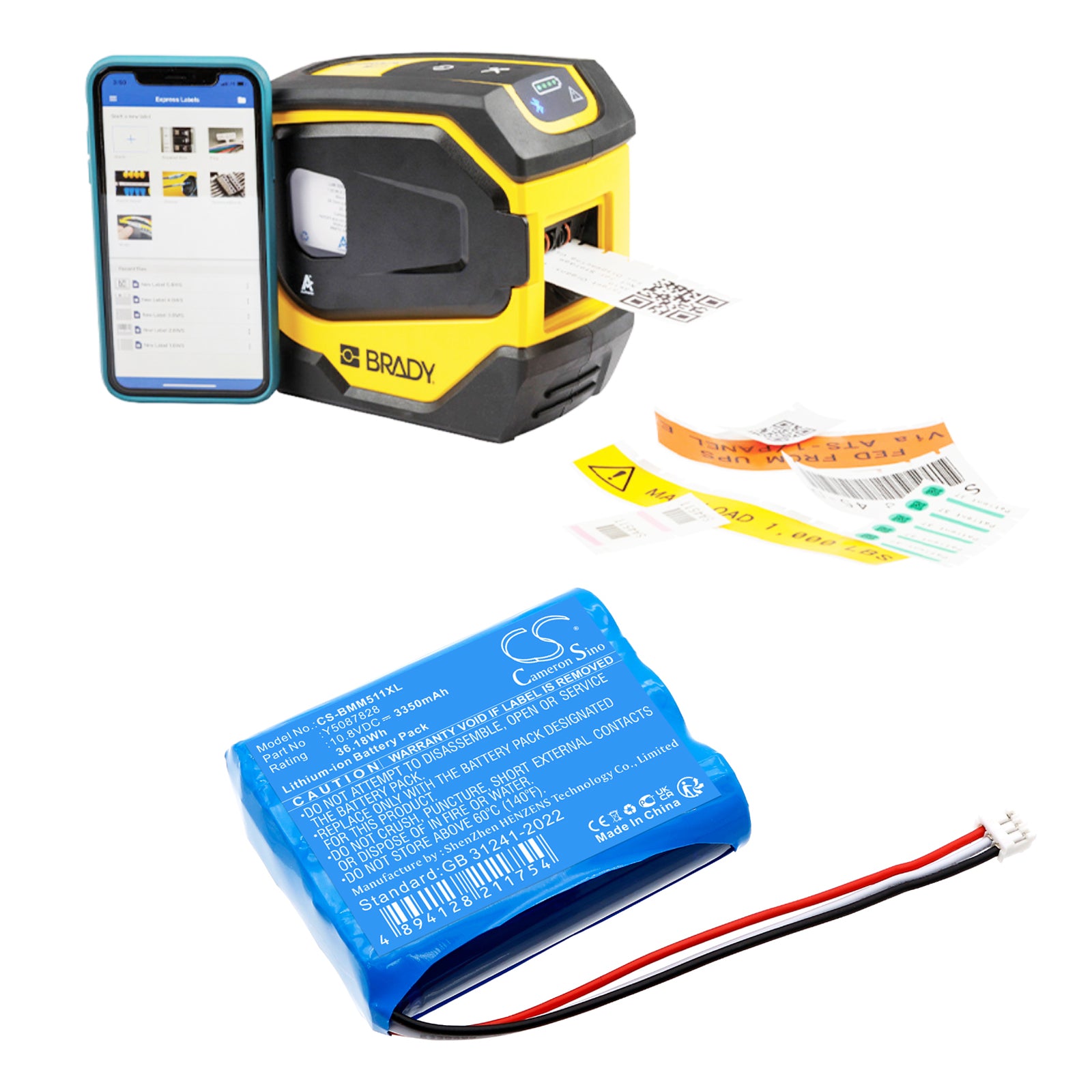 10.8V, Li-ion, 3350mAh, Battery fits Brady M511, 36.18Wh Portable Printer Cameron Sino Technology Limited