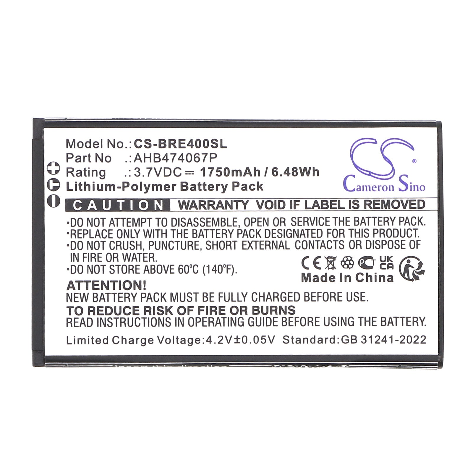 3.7V, Li-Polymer, 1750mAh, Battery fits Brondi ENERGY 4G, 6.48Wh Mobile, SmartPhone Cameron Sino Technology Limited