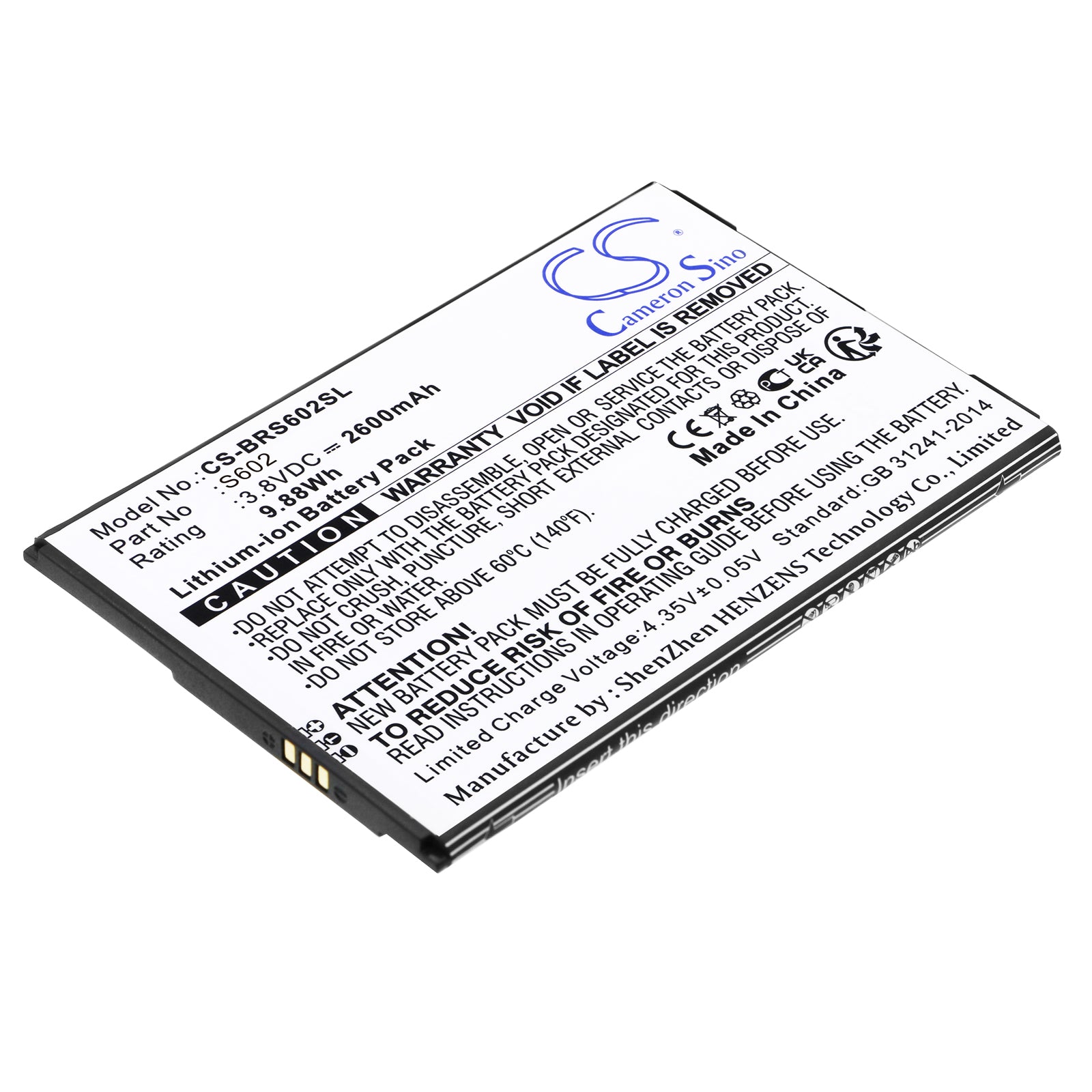 Li-ion, Mobile, SmartPhone Battery fits Brondi Amico Smartphone Xl, S602, 3.8V, 2600mAh Mobile, SmartPhone Cameron Sino Technology Limited