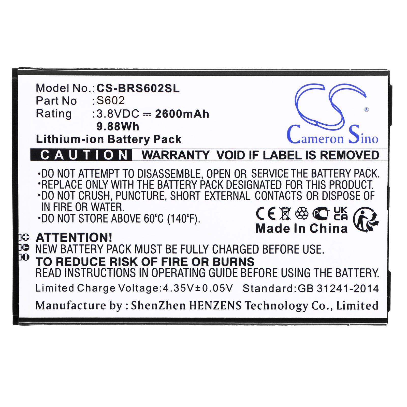 Li-ion, Mobile, SmartPhone Battery fits Brondi Amico Smartphone Xl, S602, 3.8V, 2600mAh Mobile, SmartPhone Cameron Sino Technology Limited