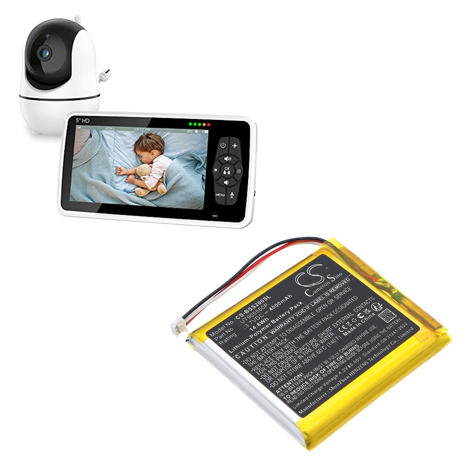 3.7V, Li-Polymer, 4000mAh, Battery fits Babysense BBM01, BBM03, 14.8Wh BabyPhone Cameron Sino Technology Limited