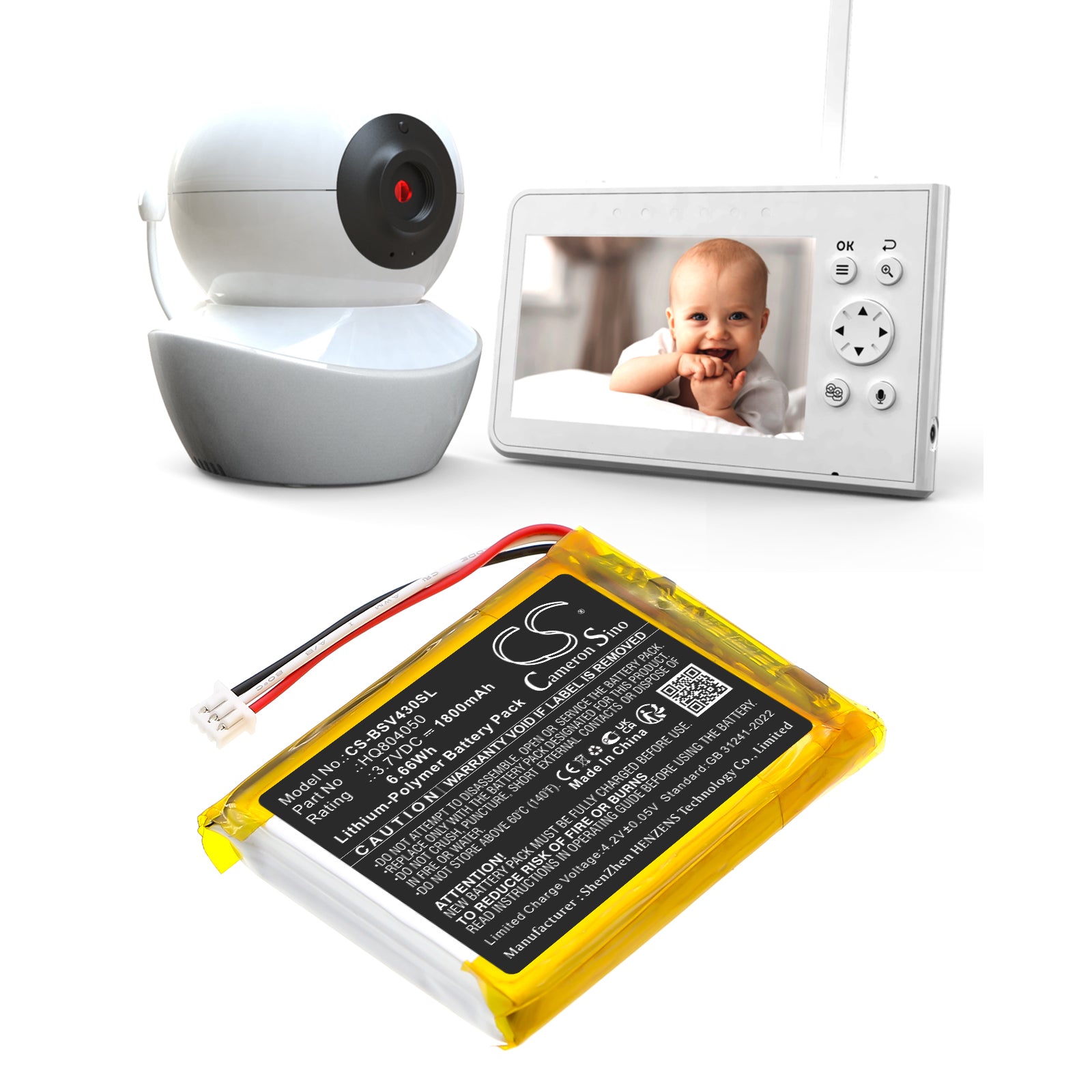 3.7V, Li-Polymer, 1800mAh, Battery fits Babysense V43 Video Baby Monitor, 6.66Wh BabyPhone Cameron Sino Technology Limited