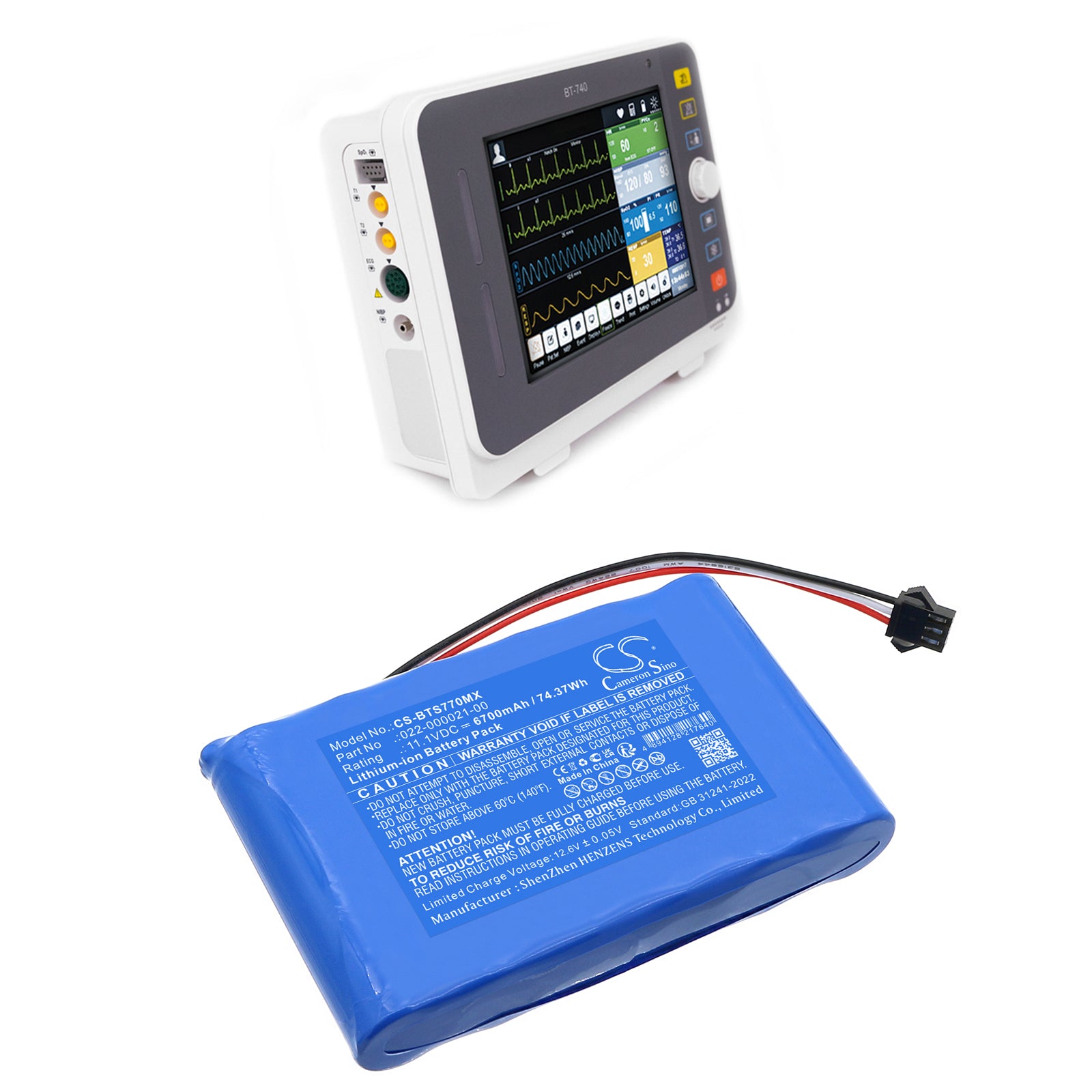 11.1V, Li-ion, 6700mAh, Battery fits Bistos BT-740 pulse oximeter, BT-770 pulse oximeter, 74.37Wh Medical Cameron Sino Technology Limited