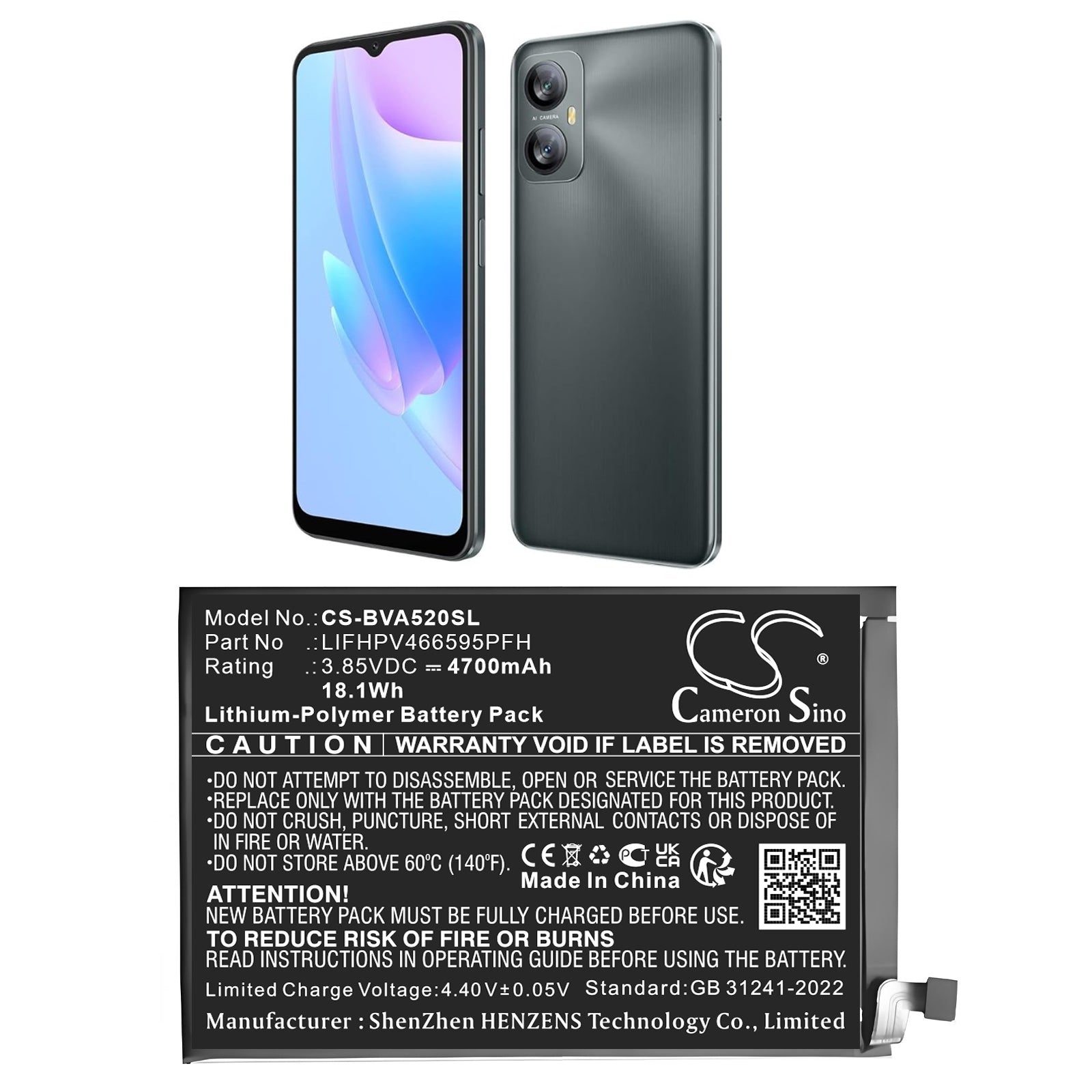 3.85V, Li-Polymer, 4700mAh, Battery fits BlackView A52, 18.1Wh Mobile, SmartPhone Cameron Sino Technology Limited