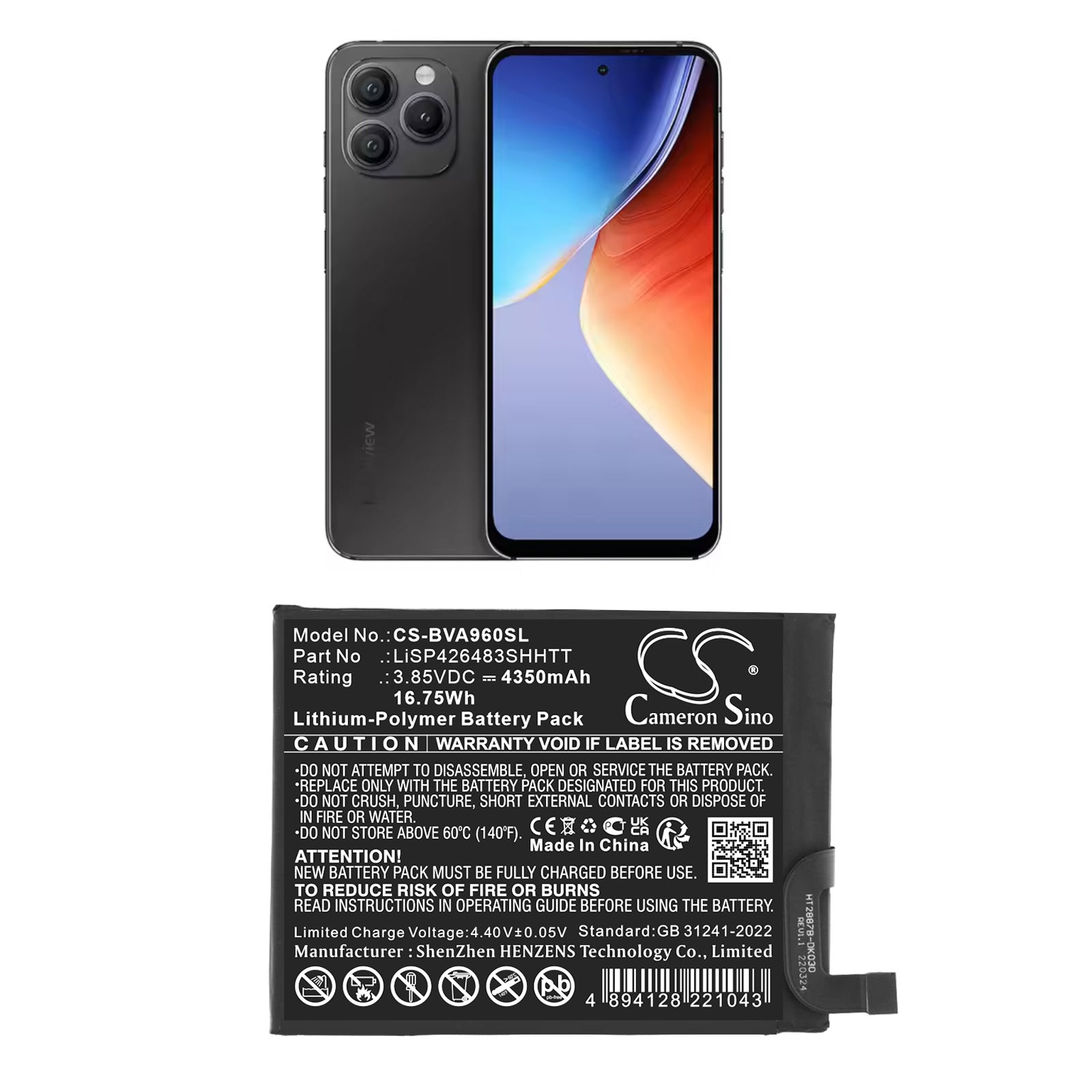 3.85V, Li-Polymer, 4350mAh, Battery fits BlackView A96, 16.75Wh Mobile, SmartPhone Cameron Sino Technology Limited