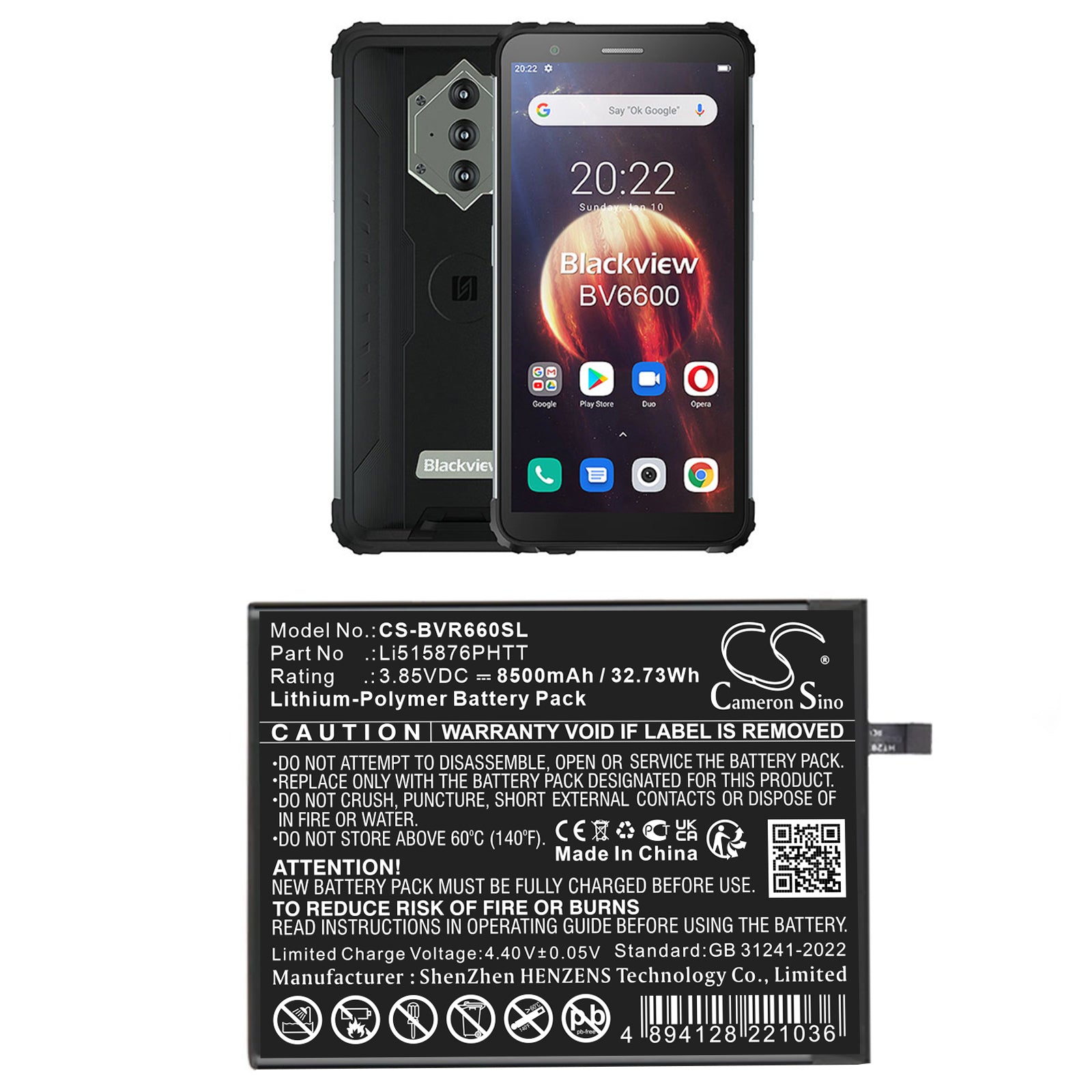 3.85V, Li-Polymer, 8500mAh, Battery fits BlackView BV6600, 32.73Wh Mobile, SmartPhone Cameron Sino Technology Limited