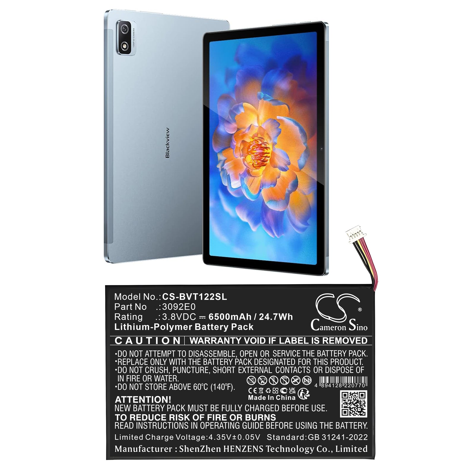 3.8V, Li-Polymer, 6500mAh, Battery fits BlackView Tab 12 Pro, 24.7Wh Tablet Cameron Sino Technology Limited