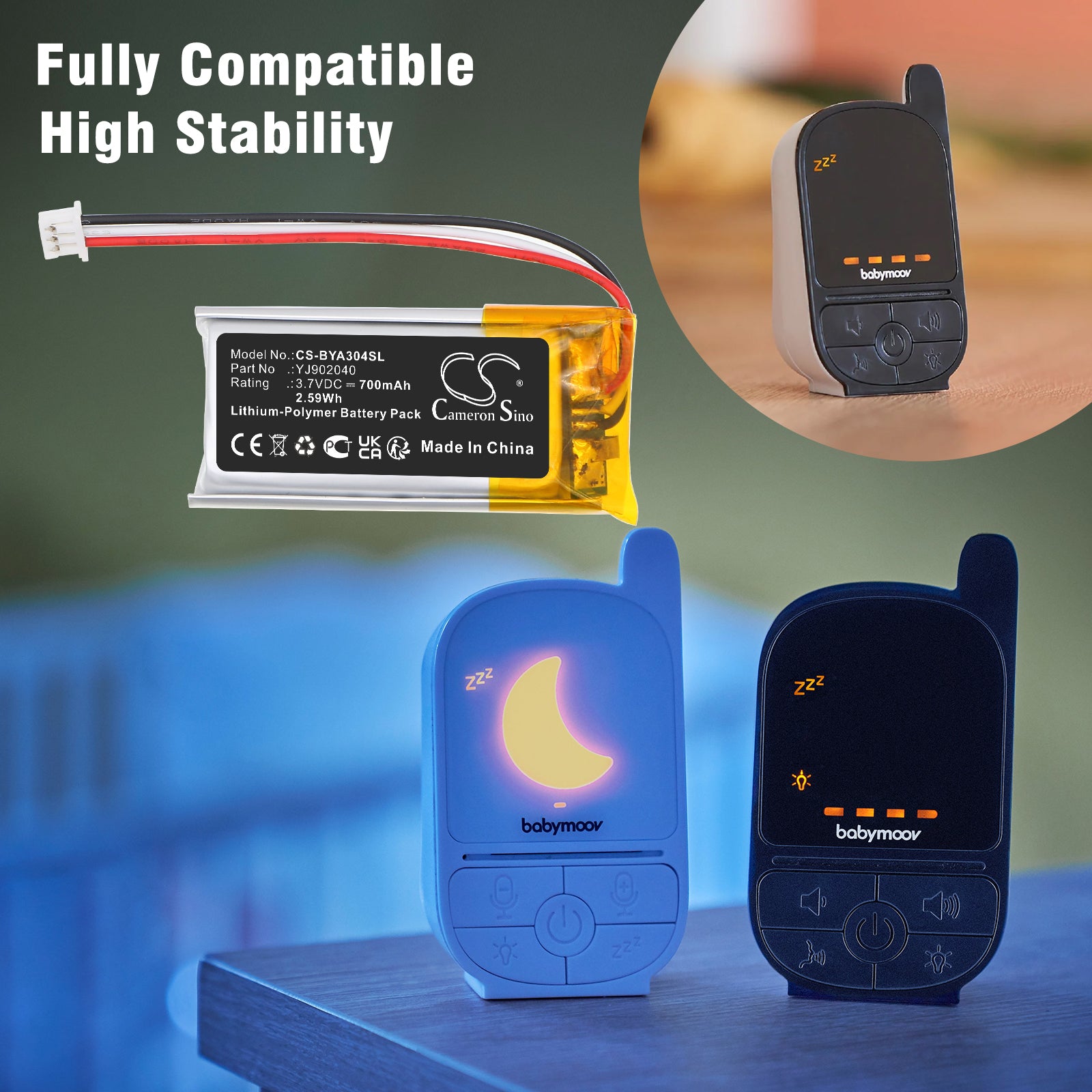 3.7V, Li-Polymer, 700mAh, Battery fits Babymoov A014304, Babyphone Handy Care, 2.59Wh BabyPhone Cameron Sino Technology Limited