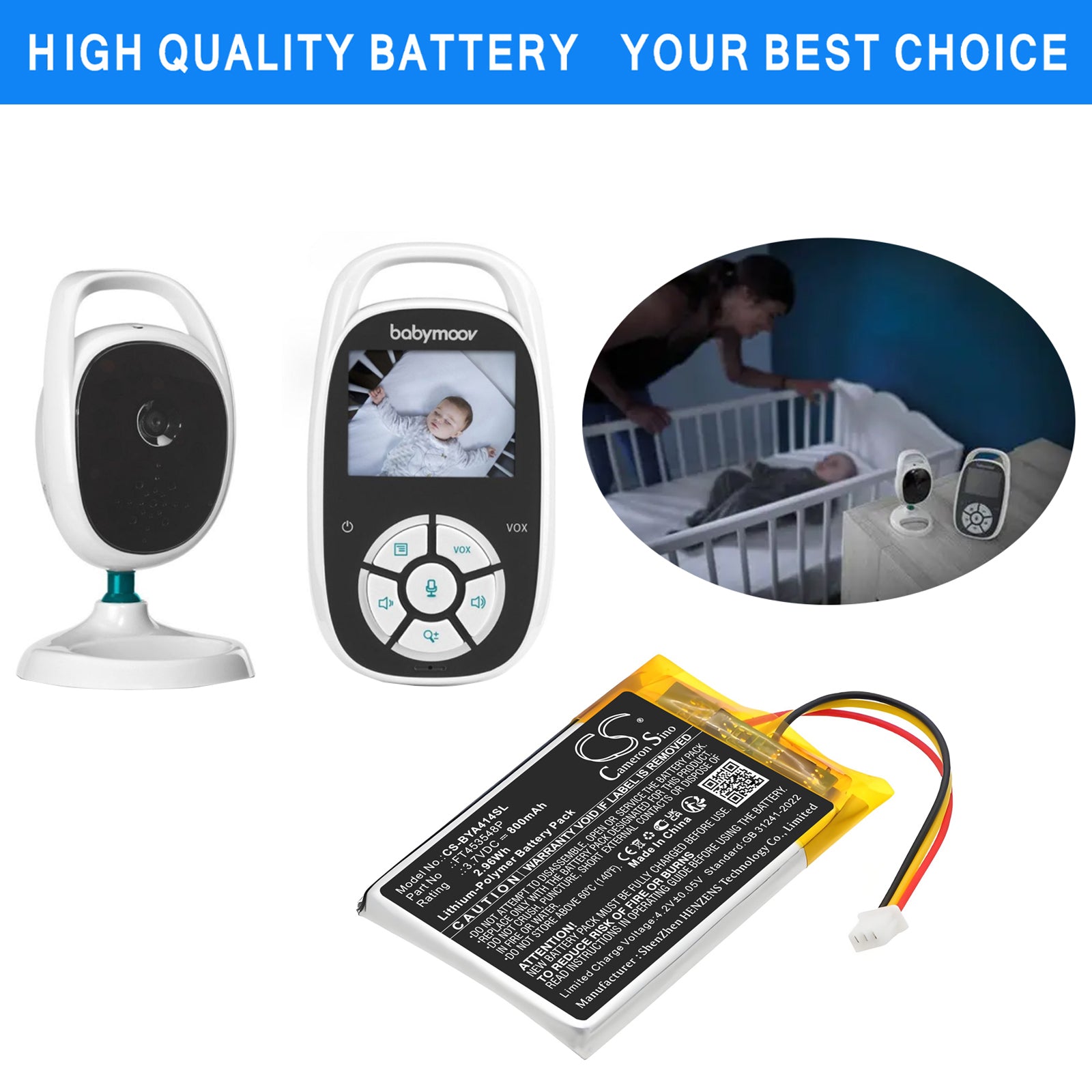 3.7V, Li-Polymer, 800mAh, Battery fits Babymoov A014414, A014415, 2.96Wh BabyPhone Cameron Sino Technology Limited