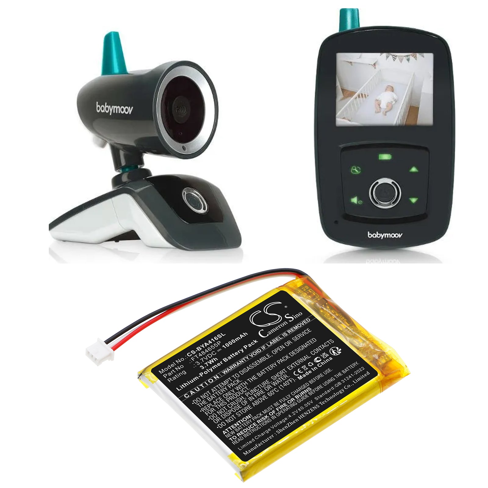 3.7V, Li-Polymer, 1000mAh, Battery fits Babymoov A014416, A014422, 3.7Wh BabyPhone Cameron Sino Technology Limited