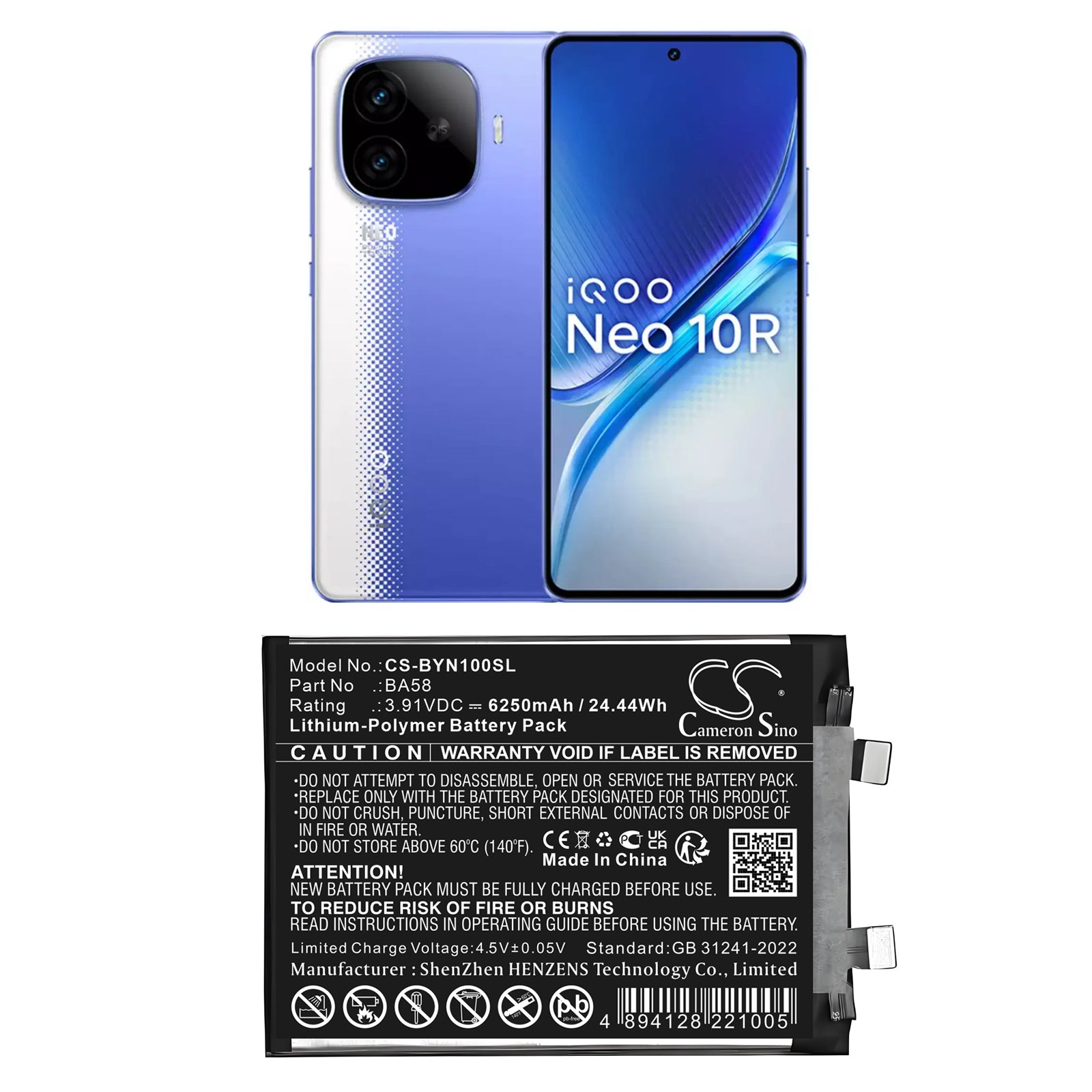 3.91V, Li-Polymer, 6250mAh, Battery fits Vivo I2221, iQOO Neo 10R 5G, 24.44Wh Mobile, SmartPhone Cameron Sino Technology Limited