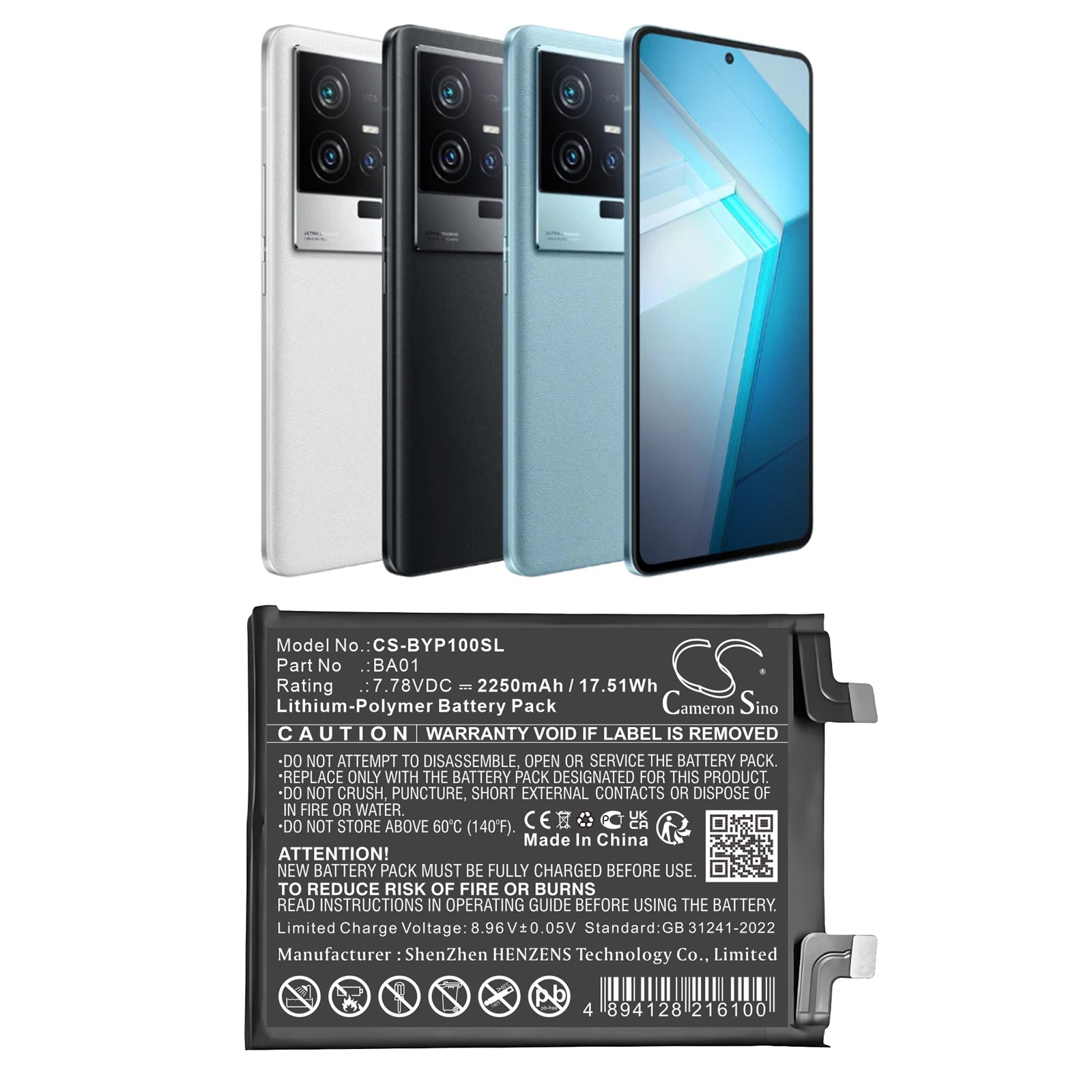 7.78V, Li-Polymer, 2250mAh, Battery fits Vivo IQOO 11S, V2304A, 17.51Wh Mobile, SmartPhone Cameron Sino Technology Limited