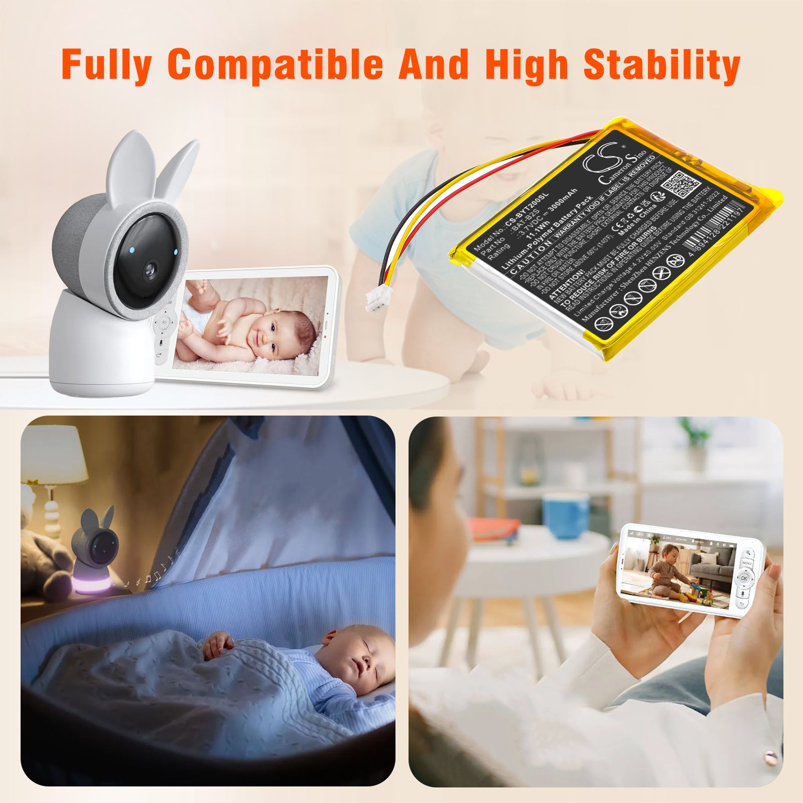 3.7V, Li-Polymer, 3000mAh, Battery fits Jeeber 2K 3MP VB805, VB805PRO | Babytime BT-2S | TrueLife NannyCam R7, 11.1Wh BabyPhone Cameron Sino Technology Limited