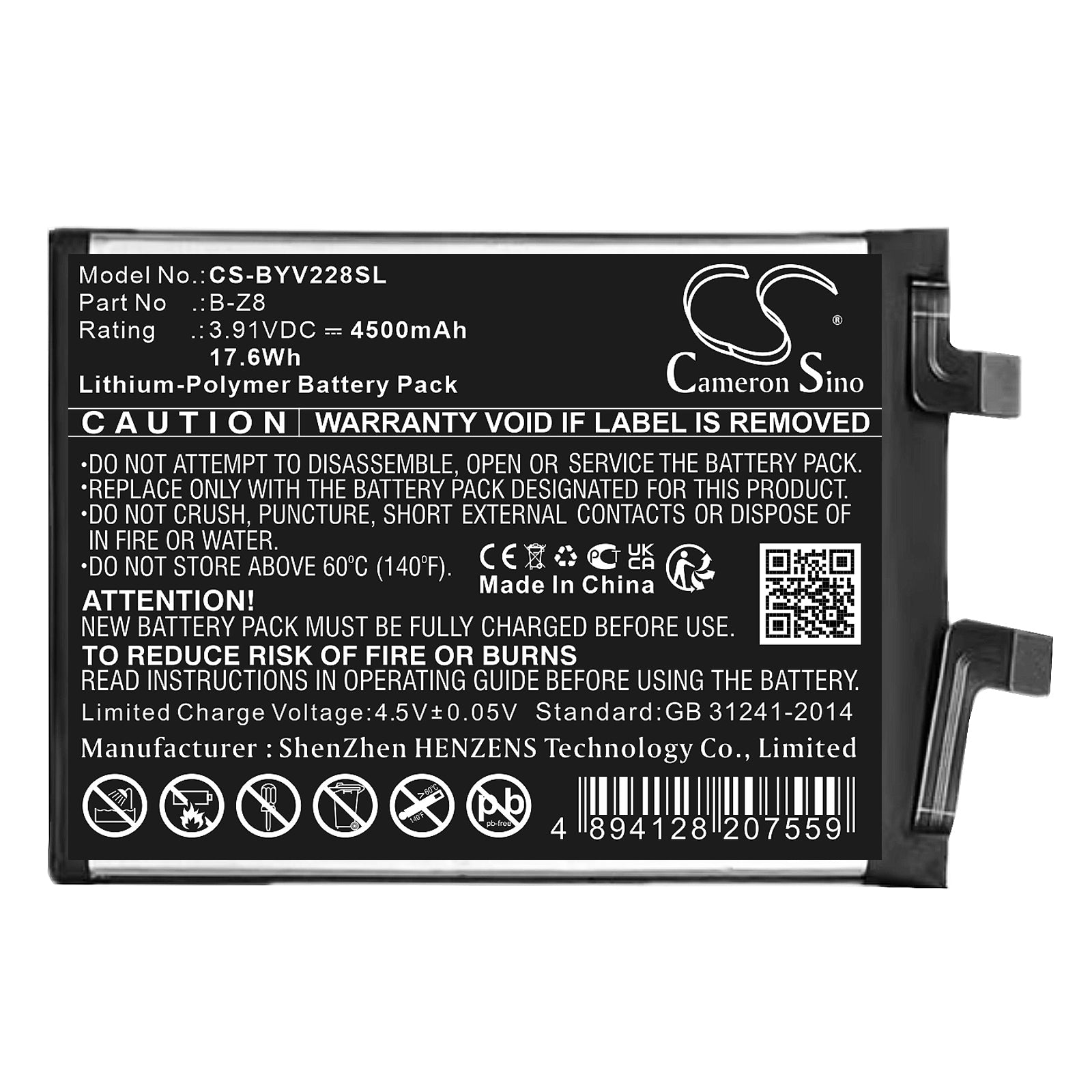 3.91V, Li-Polymer, 4500mAh, Battery fits Vivo V2284A, S17 Pro 5G, 17.6Wh Mobile, SmartPhone Cameron Sino Technology Limited