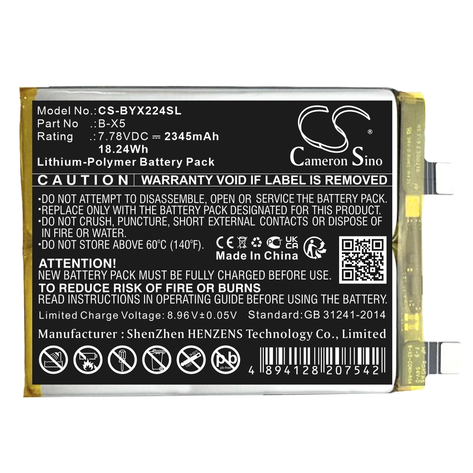 7.78V, Li-Polymer, 2345mAh, Battery fits Vivo V2241A, X90 5G, 18.24Wh Mobile, SmartPhone Cameron Sino Technology Limited