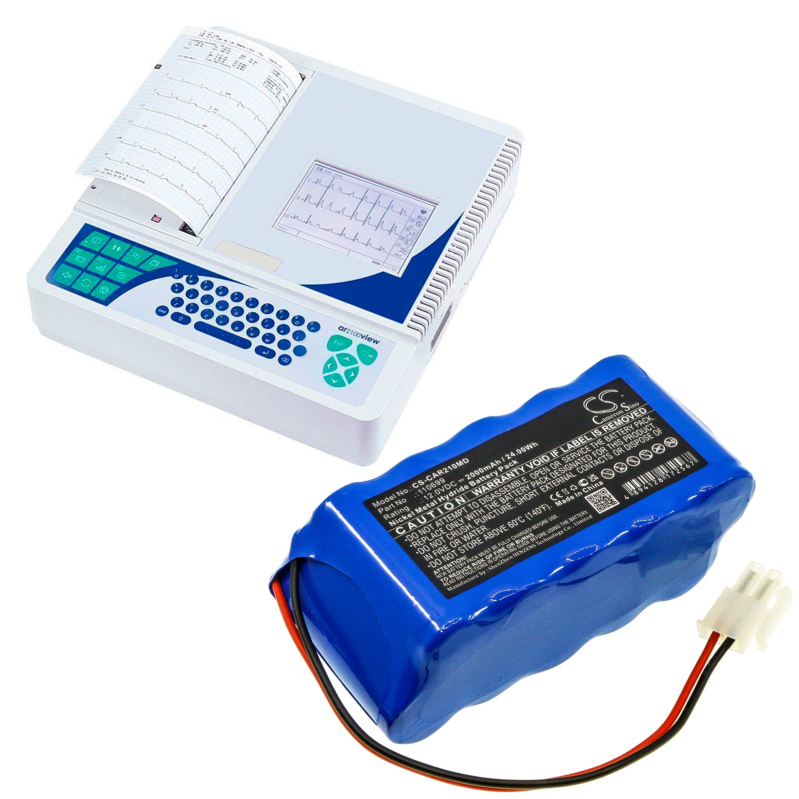 Ni-MH, Medical Battery fits Cardioline Cardiette Ecg Recorder Ar1200 , Ecg 200s, 12.0V, 2000mAh Medical Cameron Sino Technology Limited
