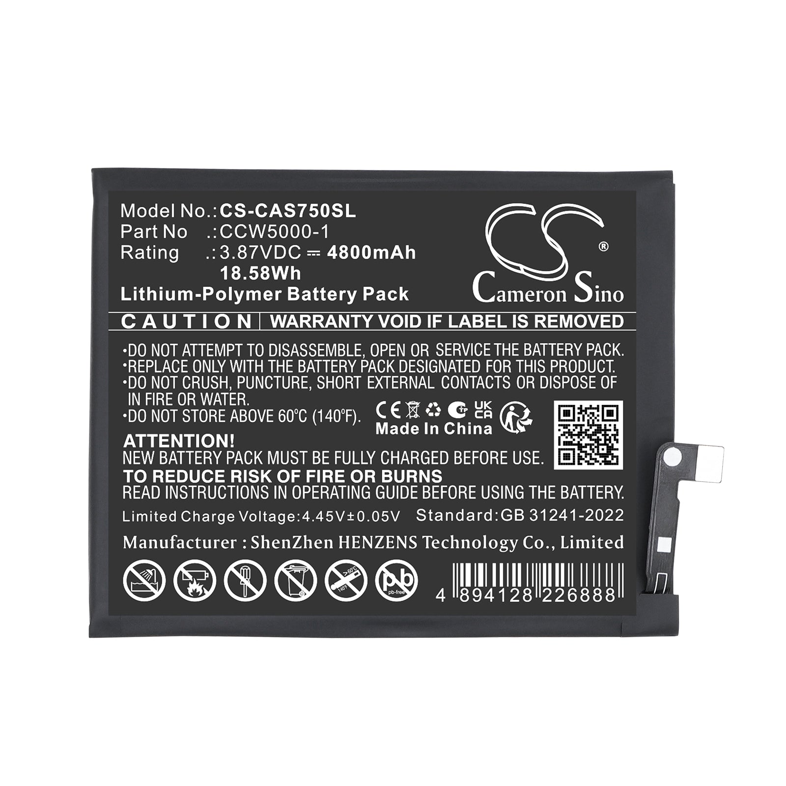 3.87V, Li-Polymer, 4800mAh, Battery fits CAT BM1S1B, S75 | CATERPILLAR BM1S1B, 18.58Wh Mobile, SmartPhone Cameron Sino Technology Limited